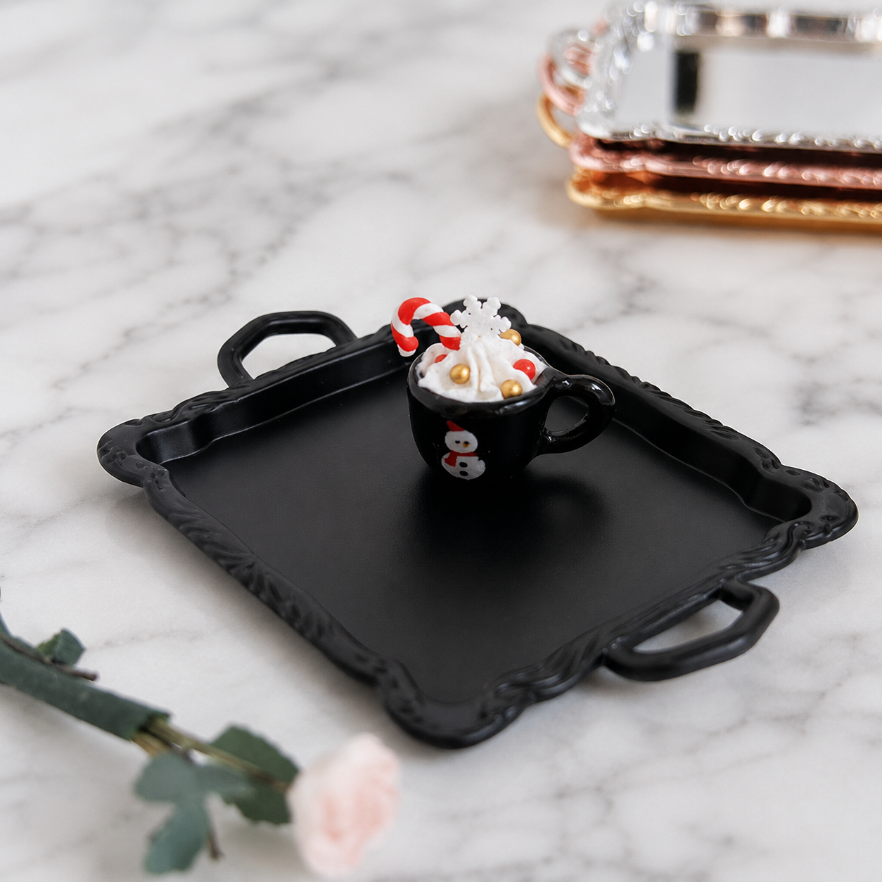 FDMINI Mini Serving Trays – 4 Metallic Finishes Ornate French Miniature Butler & Vanity Tray for 1:12 Scale Dollhouse & Roombox