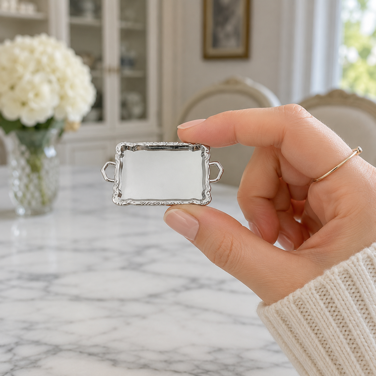 FDMINI Mini Serving Trays – 4 Metallic Finishes Ornate French Miniature Butler & Vanity Tray for 1:12 Scale Dollhouse & Roombox