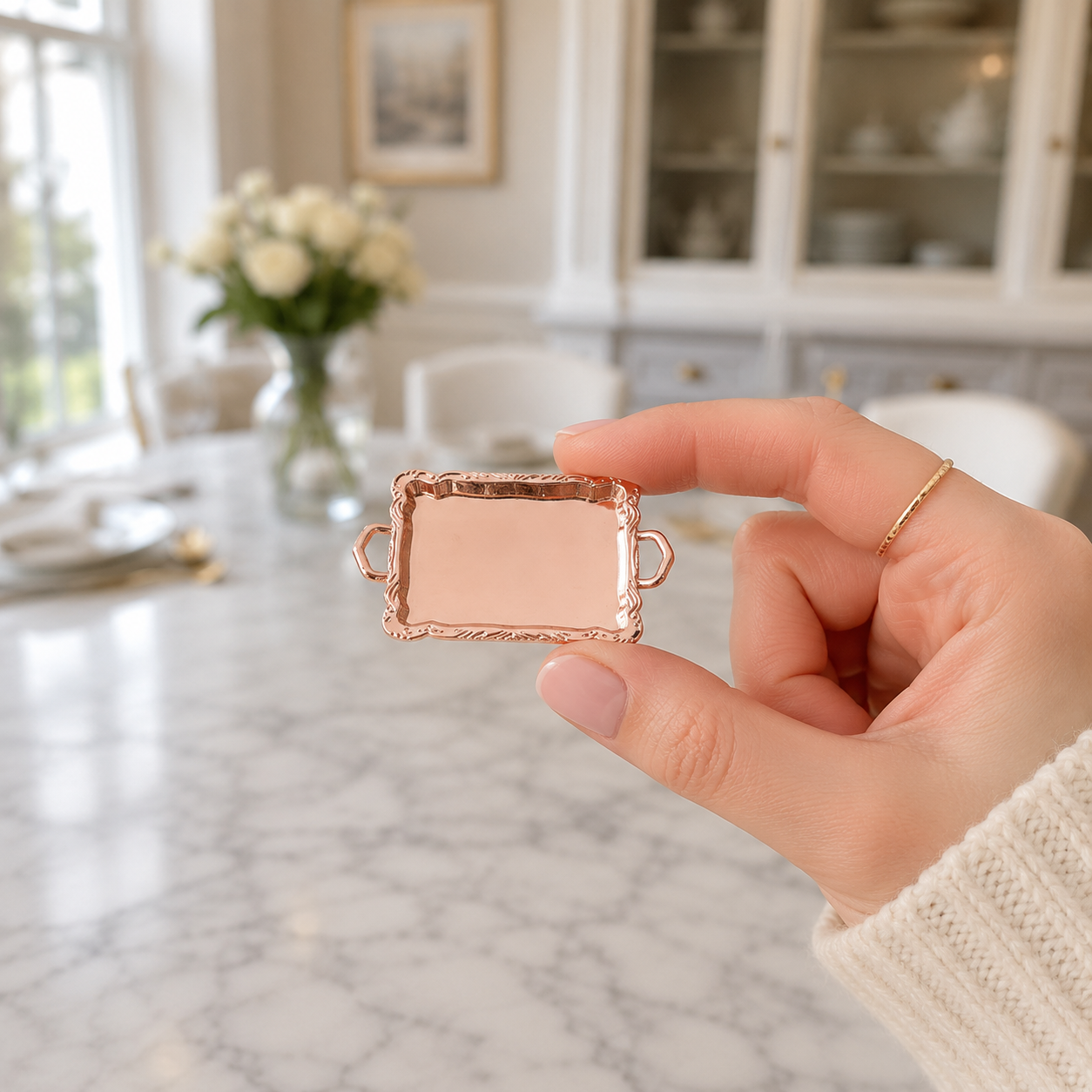 FDMINI Mini Serving Trays – 4 Metallic Finishes Ornate French Miniature Butler & Vanity Tray for 1:12 Scale Dollhouse & Roombox