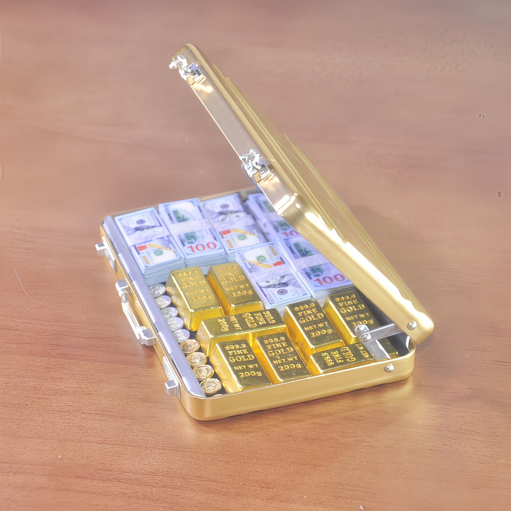 handmade clay miniature gold briefcase money set 1:6 scale fdmini