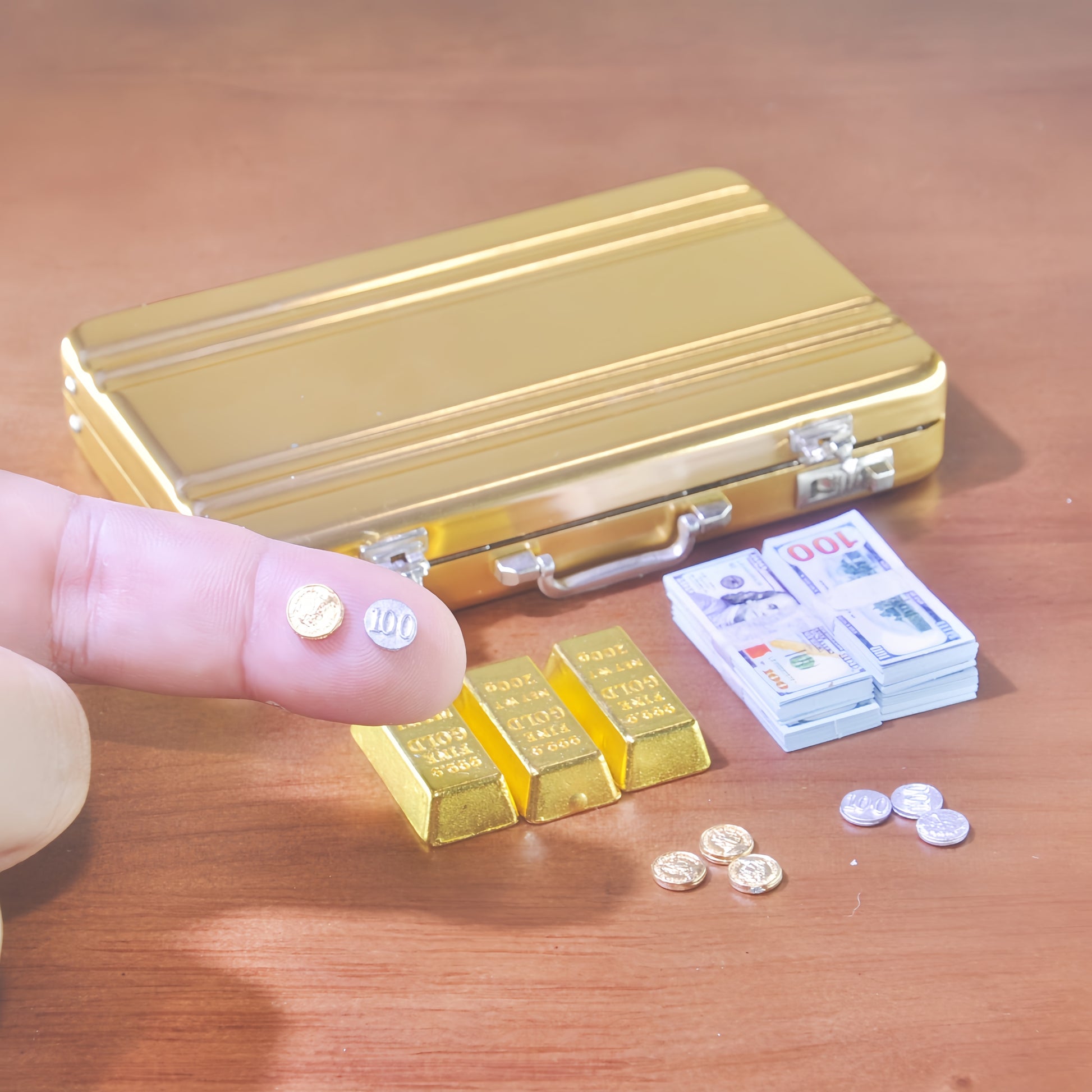 handmade clay miniature gold briefcase money set 1:6 scale fdmini
