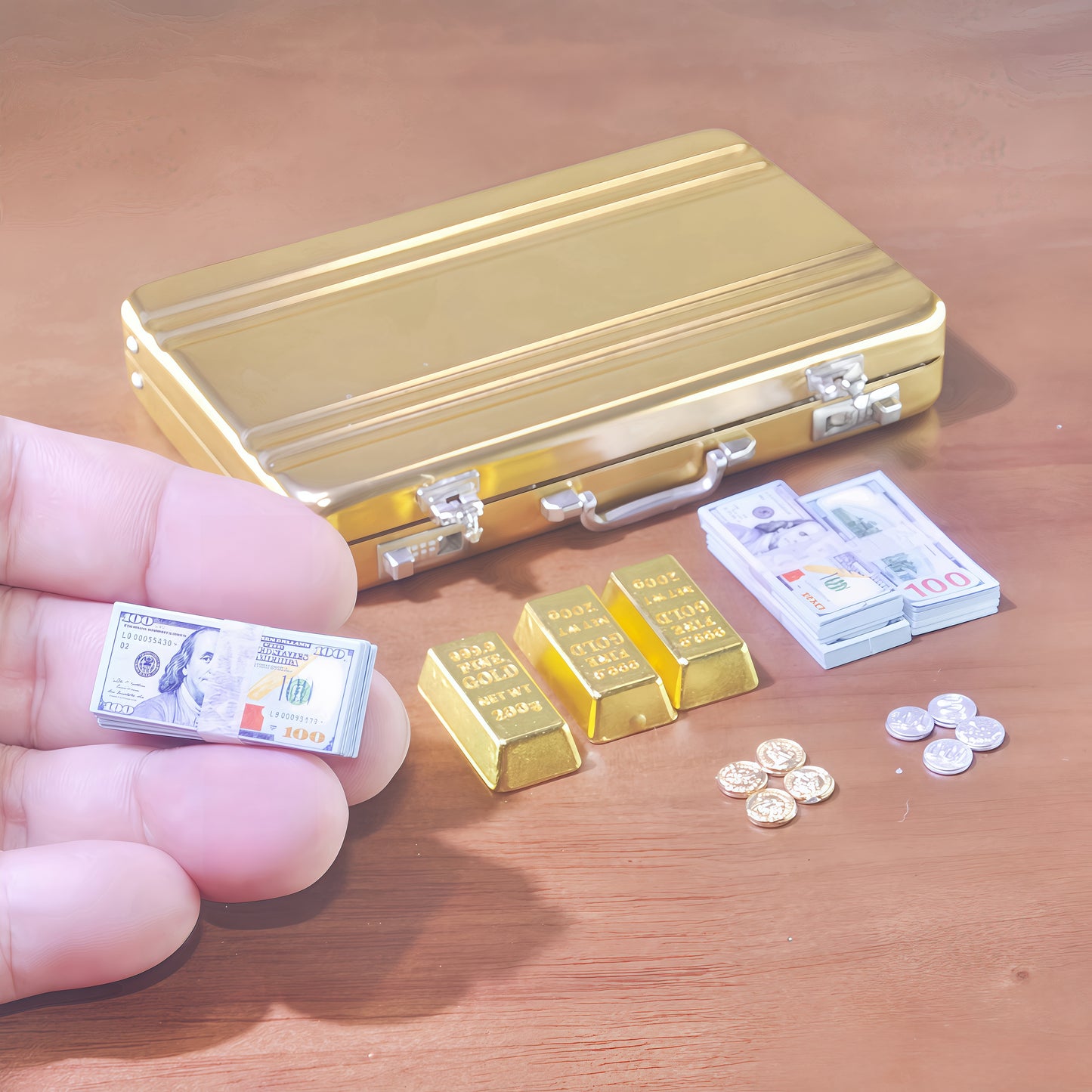 handmade clay miniature gold briefcase money set 1:6 scale fdmini
