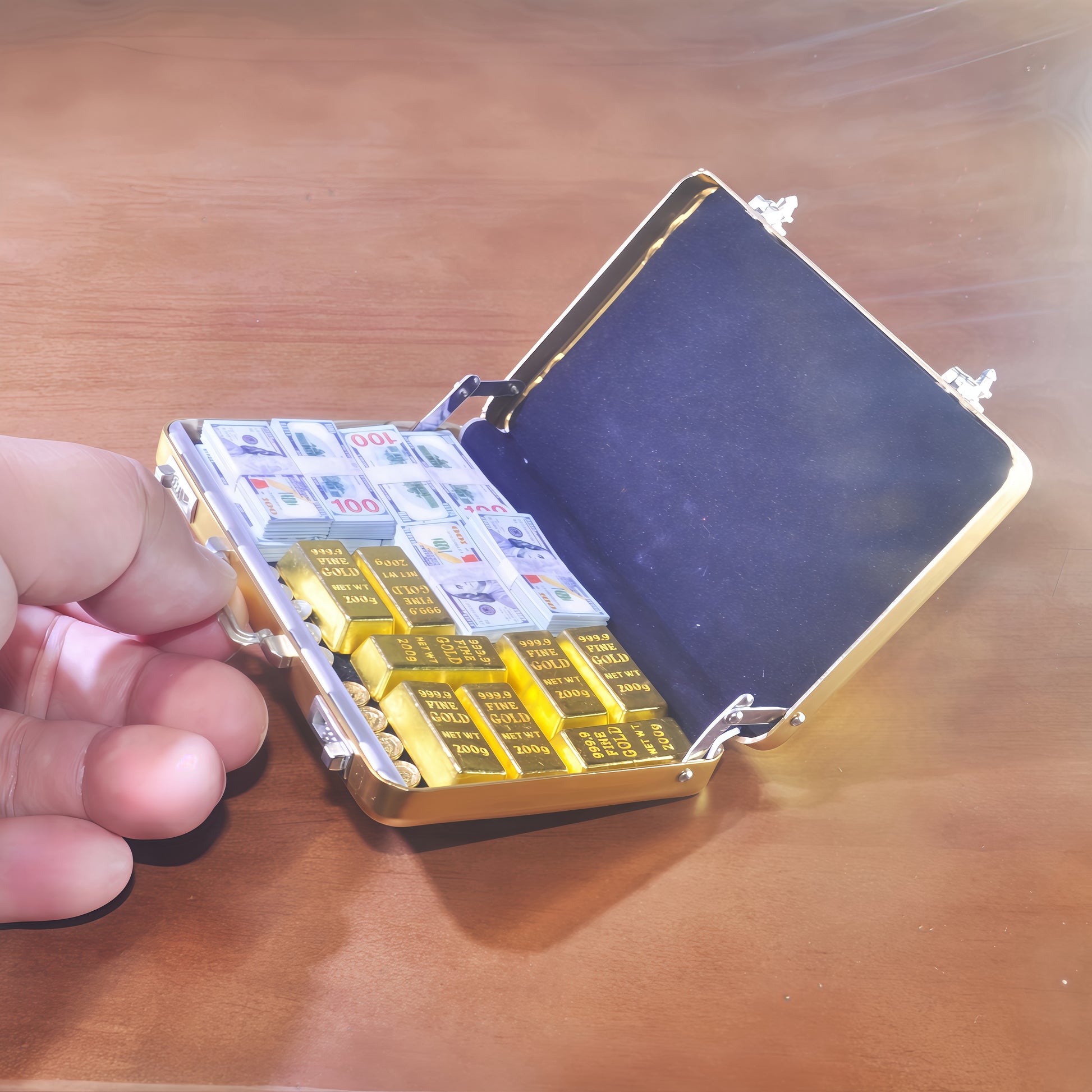 handmade clay miniature gold briefcase money set 1:6 scale fdmini