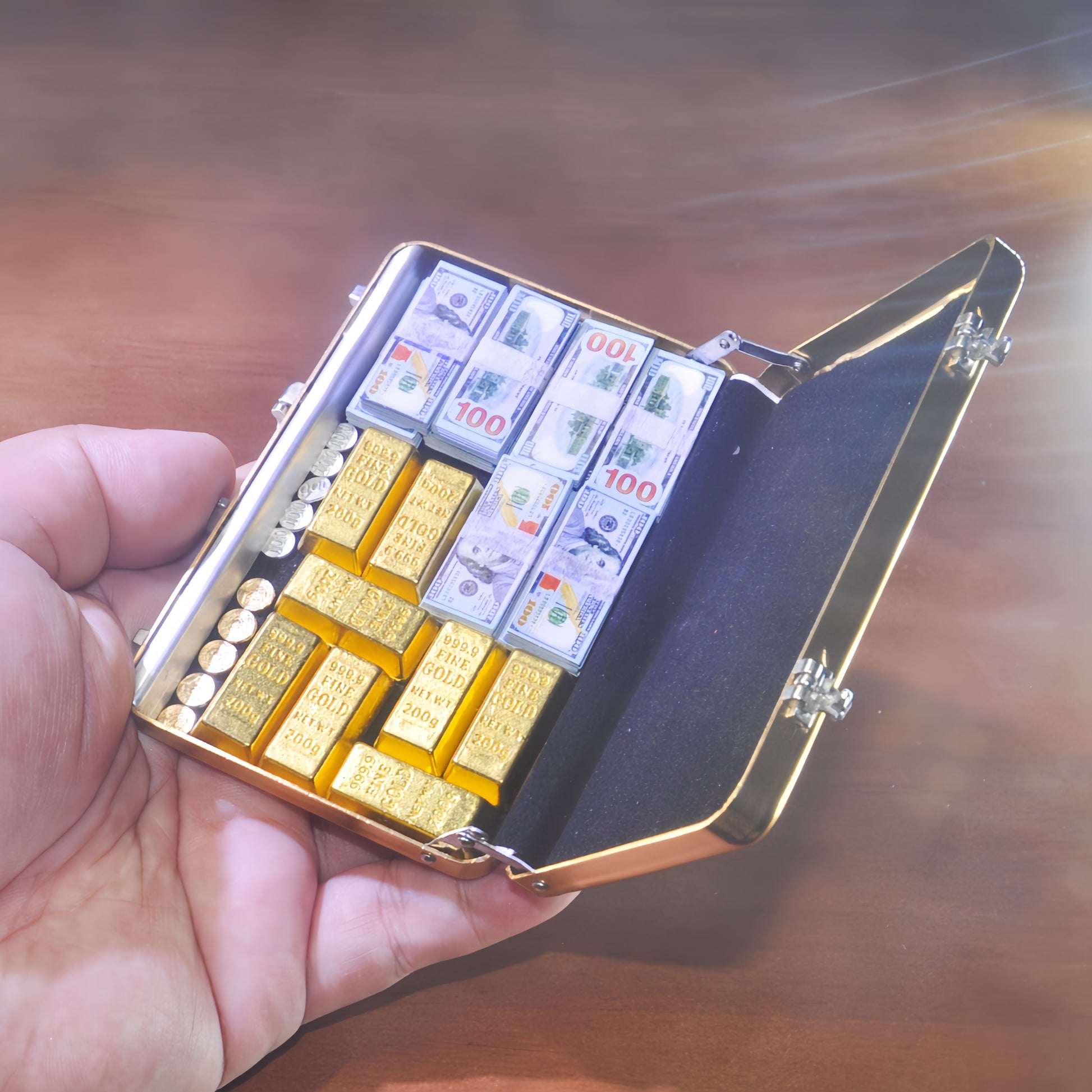 handmade clay miniature gold briefcase money set 1:6 scale fdmini