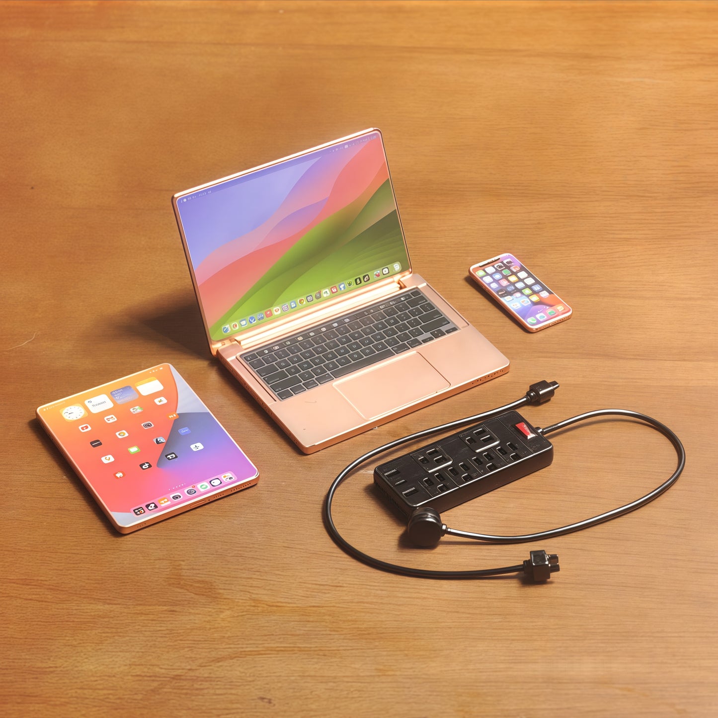 1:6 Scale Miniature Modern Tech Set - Dollhouse Laptop, Tablet, Smartphone & Power Strip - Realistic Office Accessories (RoseGolden Edition)