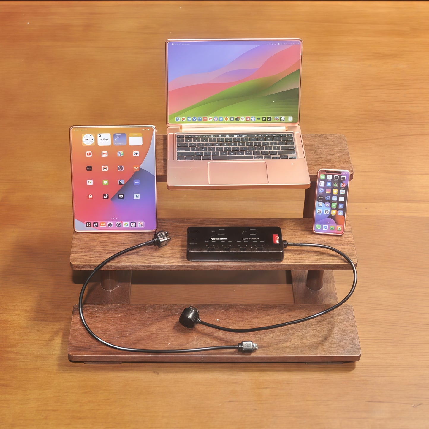 1:6 Scale Miniature Modern Tech Set - Dollhouse Laptop, Tablet, Smartphone & Power Strip - Realistic Office Accessories (RoseGolden Edition)