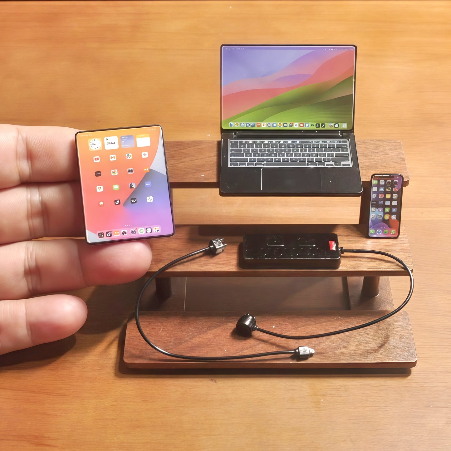 1:6 Scale Miniature Modern Tech Set - Dollhouse Laptop, Tablet, Smartphone & Power Strip - Realistic Office Accessories (Black Edition)