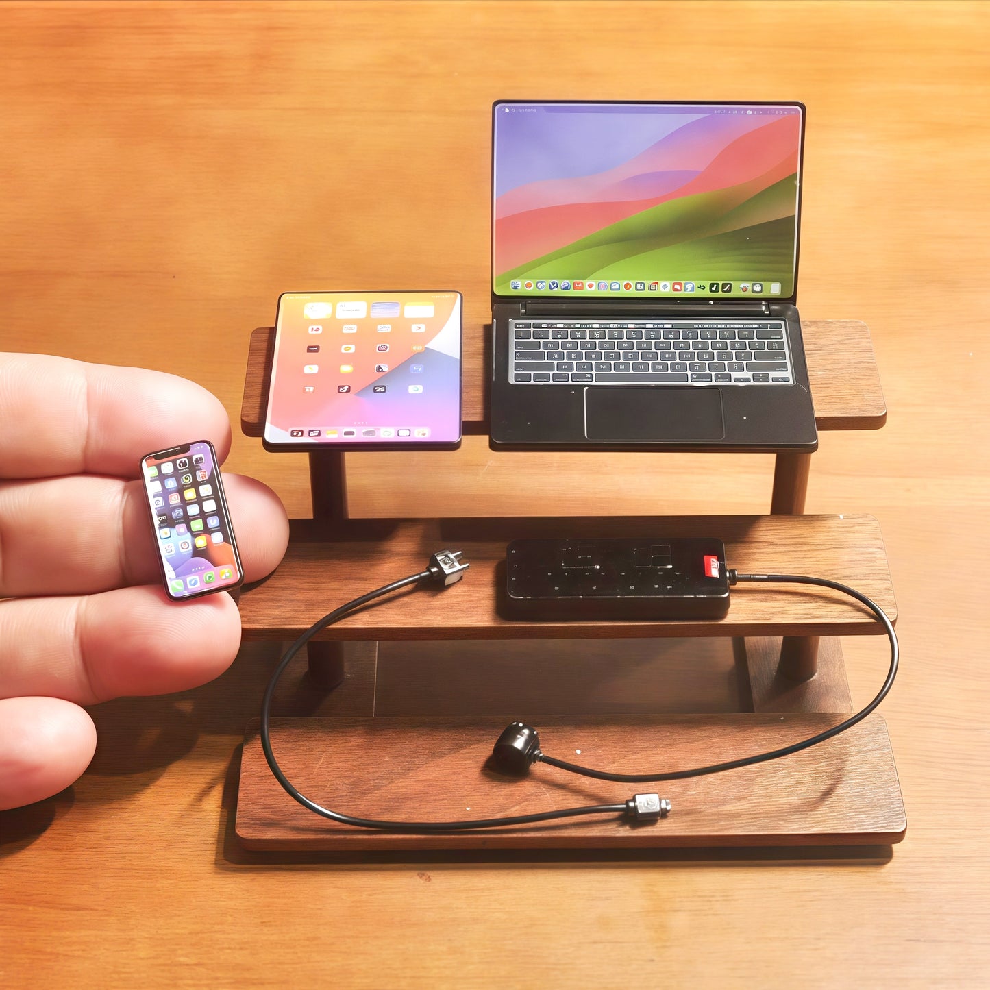 1:6 Scale Miniature Modern Tech Set - Dollhouse Laptop, Tablet, Smartphone & Power Strip - Realistic Office Accessories (Black Edition)