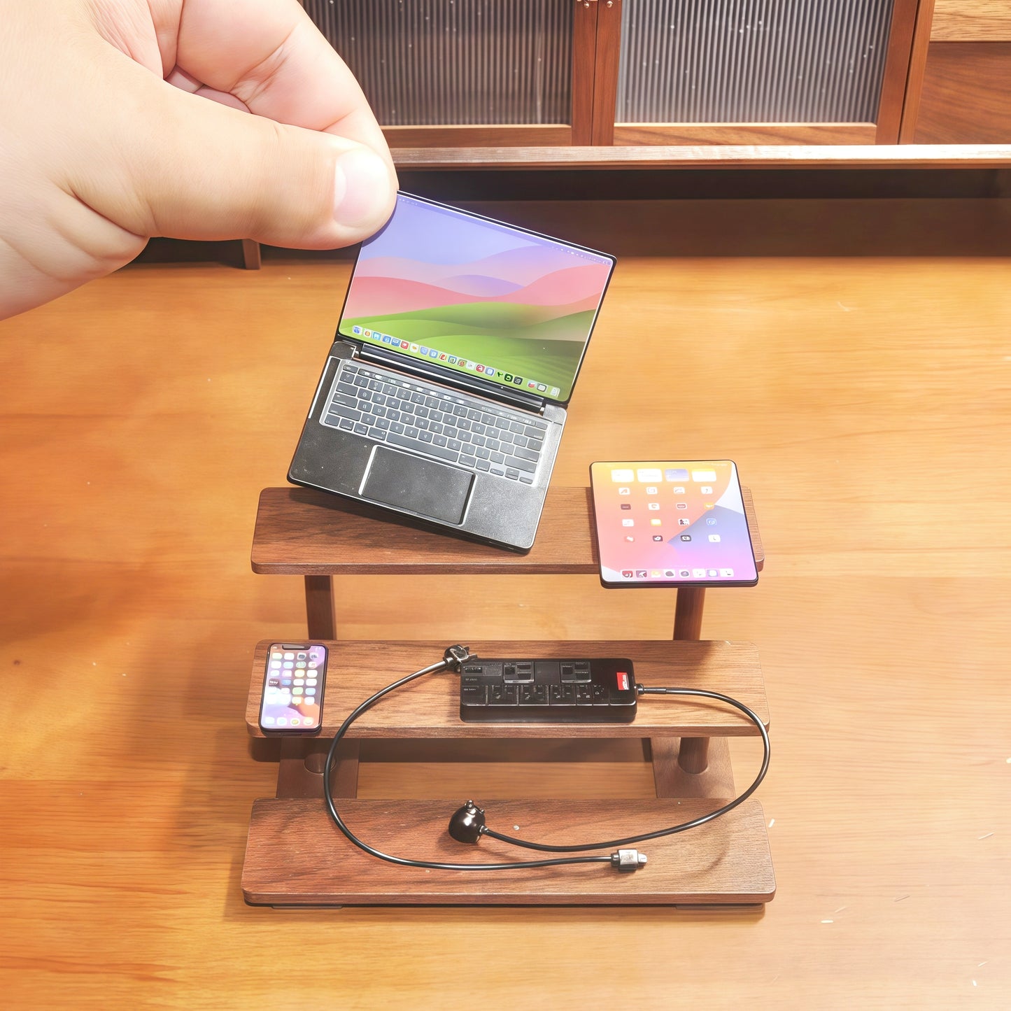 1:6 Scale Miniature Modern Tech Set - Dollhouse Laptop, Tablet, Smartphone & Power Strip - Realistic Office Accessories (Black Edition)