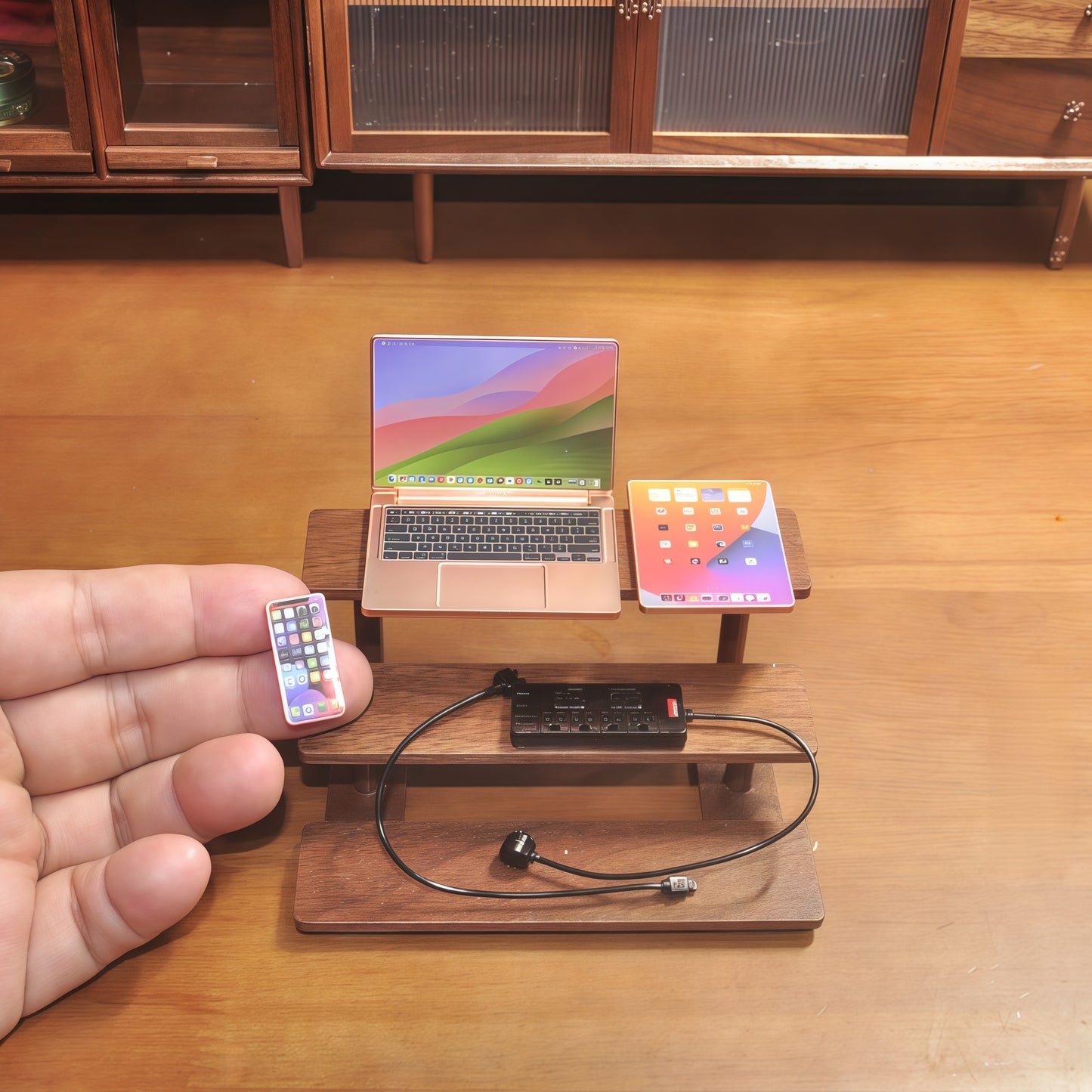 1:6 Scale Miniature Modern Tech Set - Dollhouse Laptop, Tablet, Smartphone & Power Strip - Realistic Office Accessories (RoseGolden Edition)