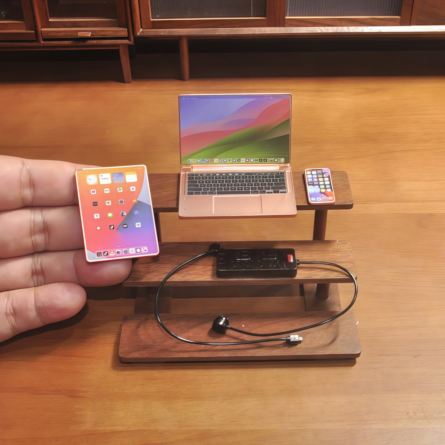 1:6 Scale Miniature Modern Tech Set - Dollhouse Laptop, Tablet, Smartphone & Power Strip - Realistic Office Accessories (RoseGolden Edition)