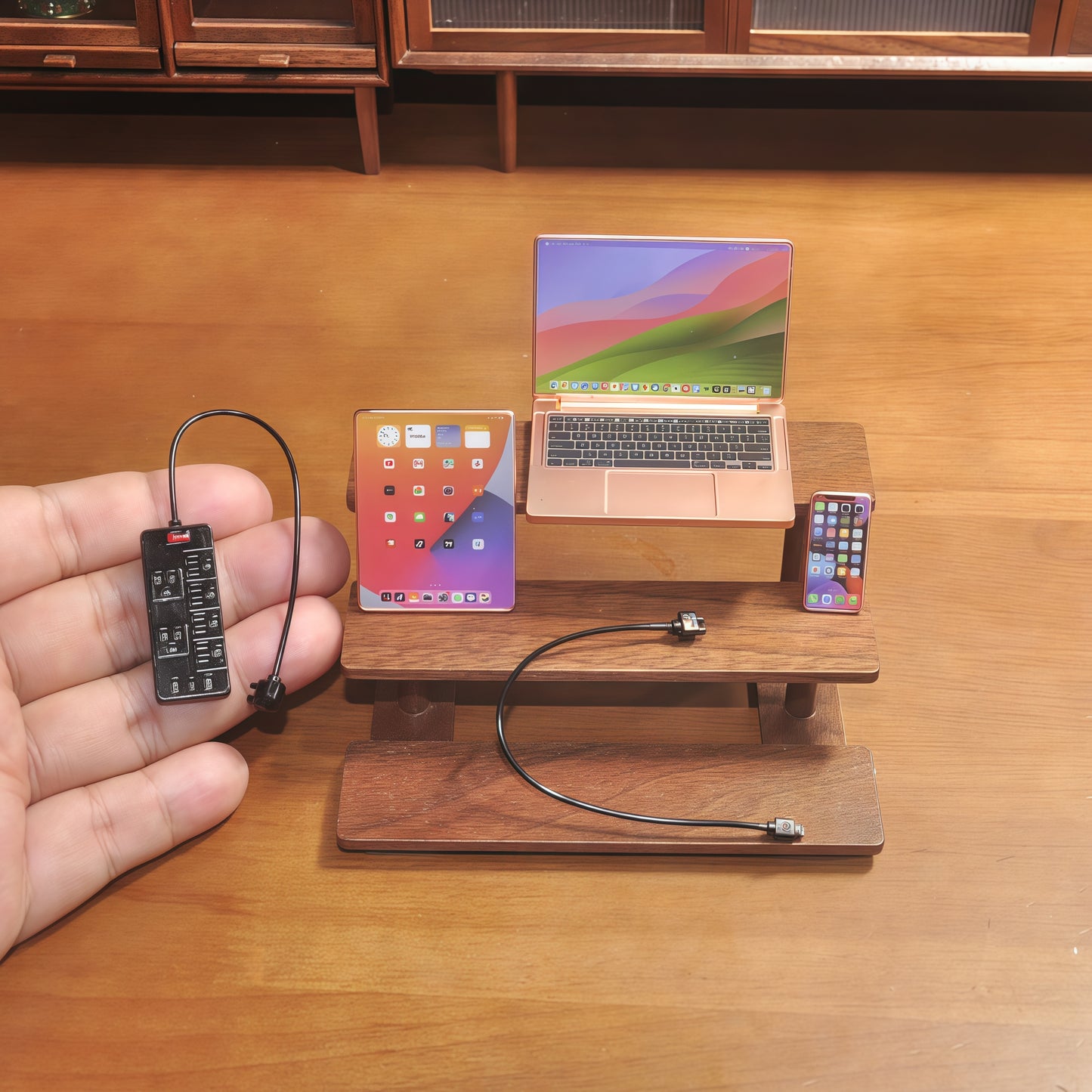 1:6 Scale Miniature Modern Tech Set - Dollhouse Laptop, Tablet, Smartphone & Power Strip - Realistic Office Accessories (RoseGolden Edition)