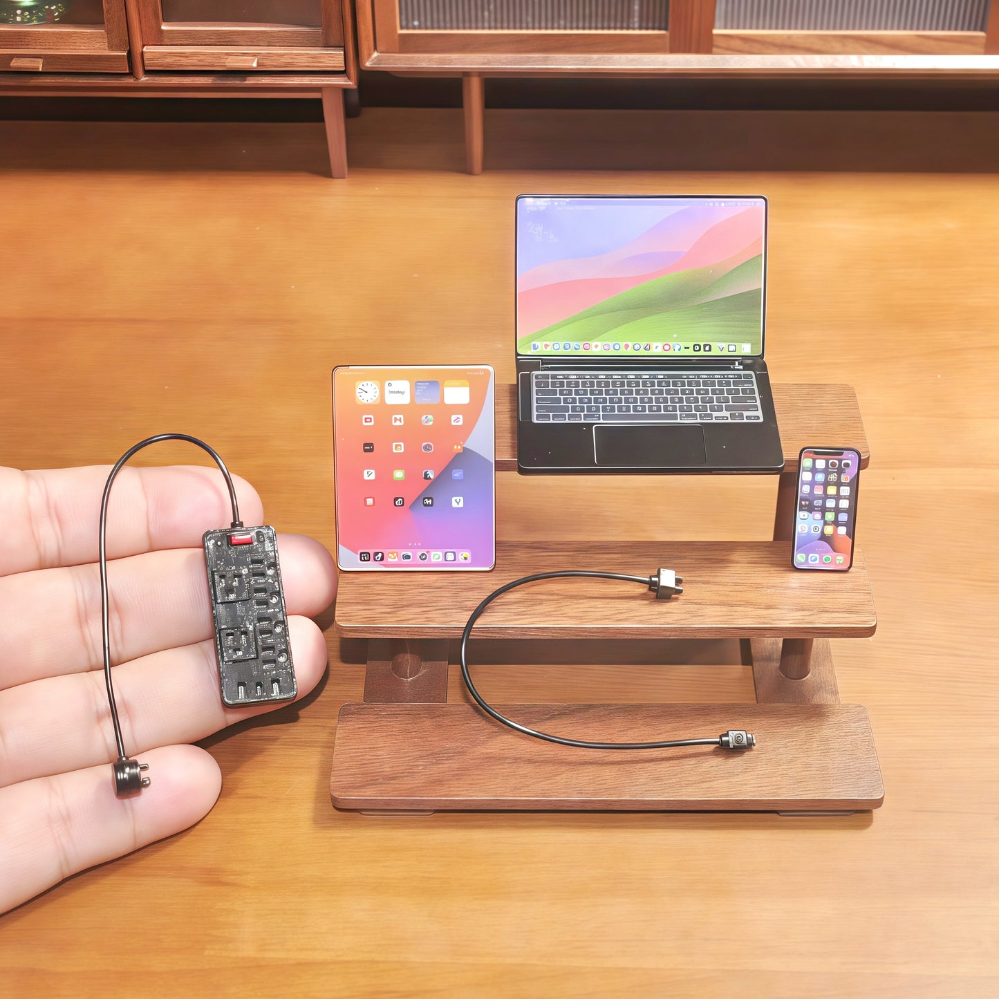 1:6 Scale Miniature Modern Tech Set - Dollhouse Laptop, Tablet, Smartphone & Power Strip - Realistic Office Accessories (Black Edition)