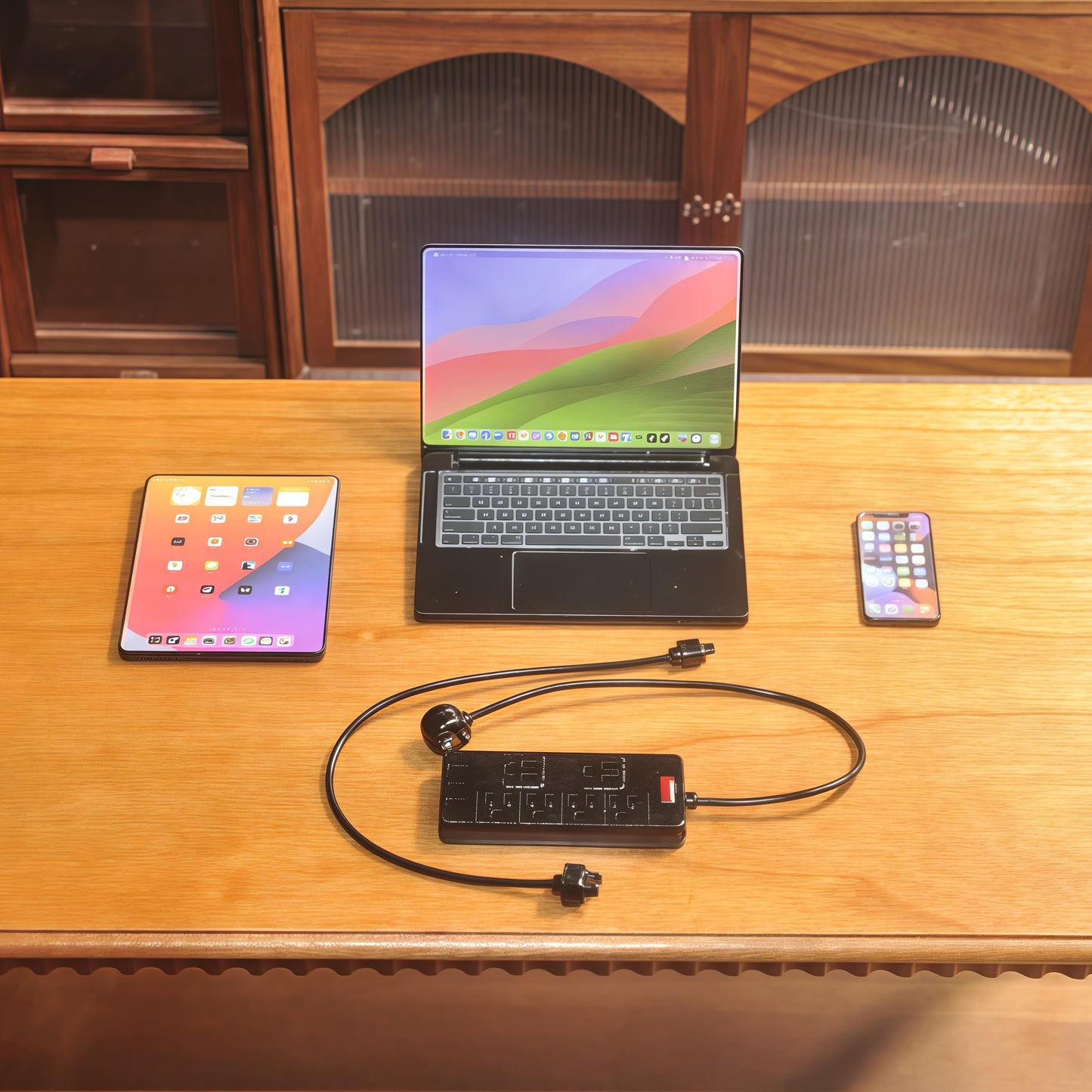 1:6 Scale Miniature Modern Tech Set - Dollhouse Laptop, Tablet, Smartphone & Power Strip - Realistic Office Accessories (Black Edition)