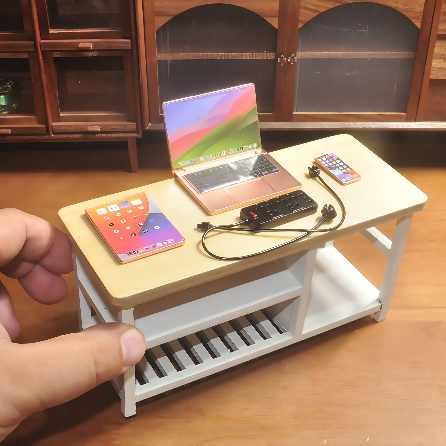 1:6 Scale Miniature Modern Tech Set - Dollhouse Laptop, Tablet, Smartphone & Power Strip - Realistic Office Accessories (RoseGolden Edition)