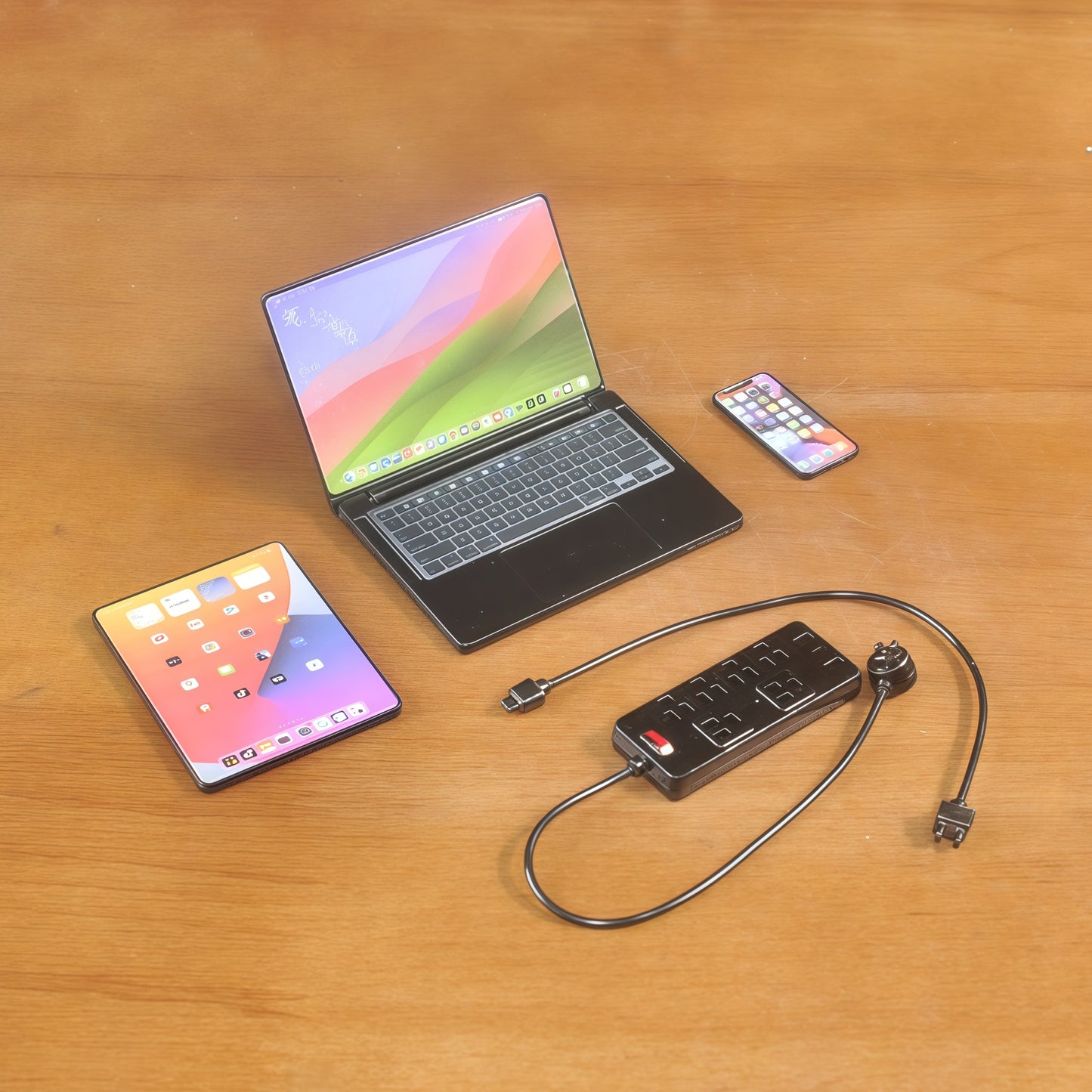 1:6 Scale Miniature Modern Tech Set - Dollhouse Laptop, Tablet, Smartphone & Power Strip - Realistic Office Accessories (Black Edition)