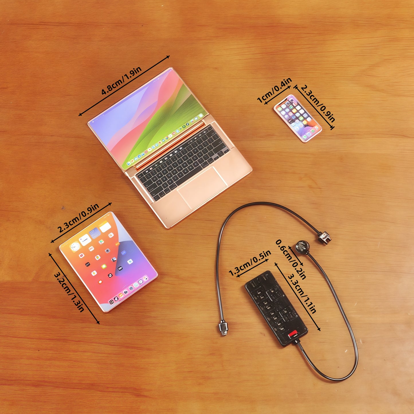 1:6 Scale Miniature Modern Tech Set - Dollhouse Laptop, Tablet, Smartphone & Power Strip - Realistic Office Accessories (RoseGolden Edition)