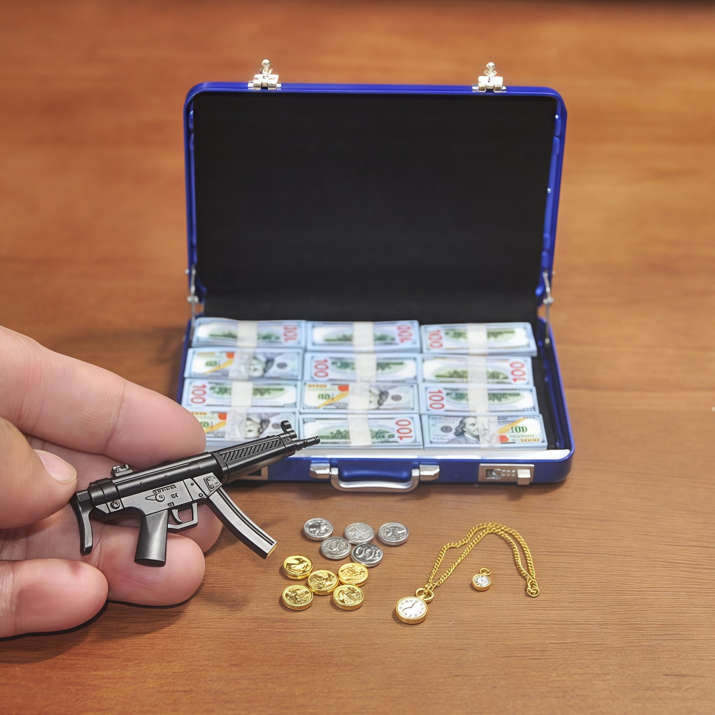 1:6 Scale Miniature Secret Agent Briefcase Set - Blue Tactical Suitcase with Weapons & Cash
