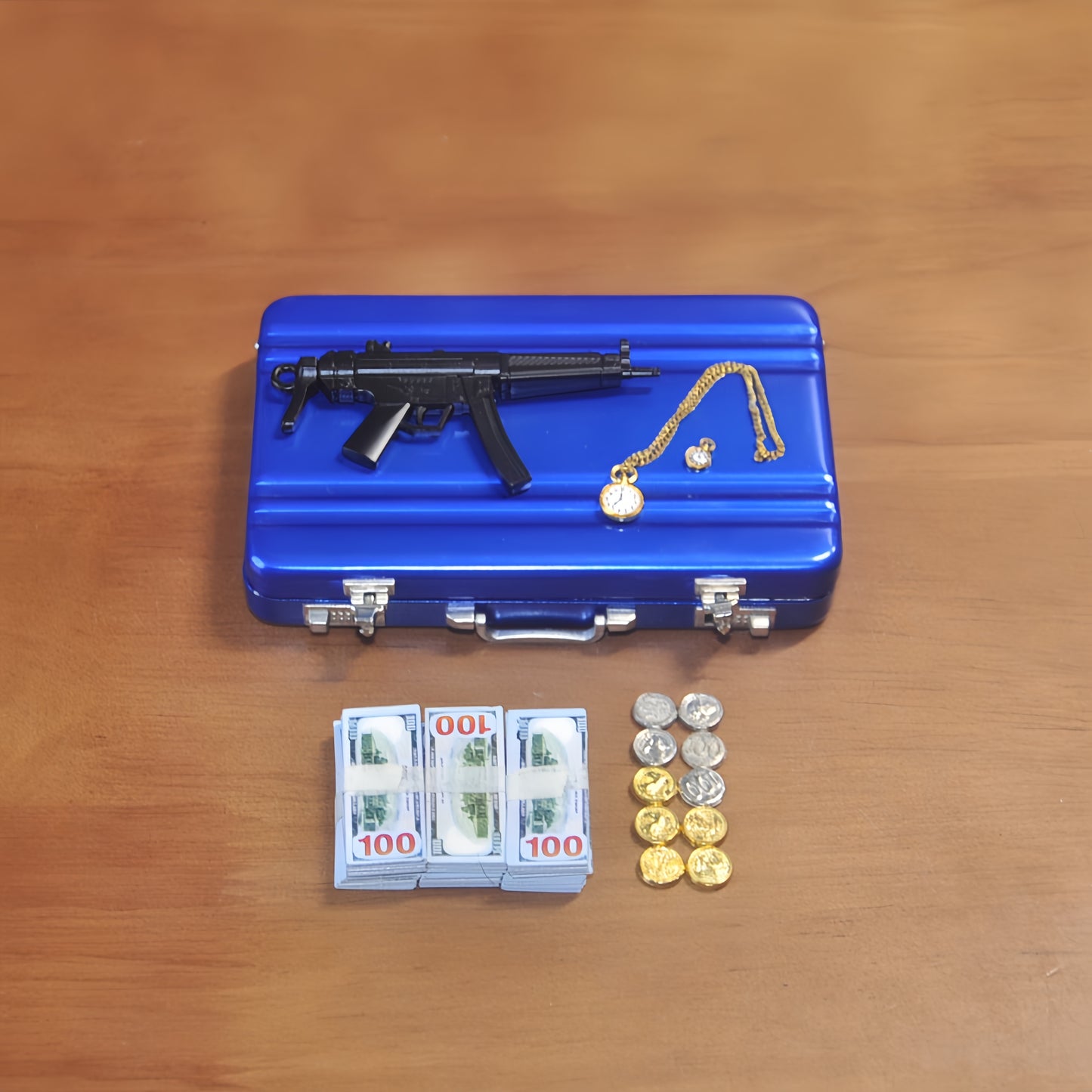 1:6 Scale Miniature Secret Agent Briefcase Set - Blue Tactical Suitcase with Weapons & Cash
