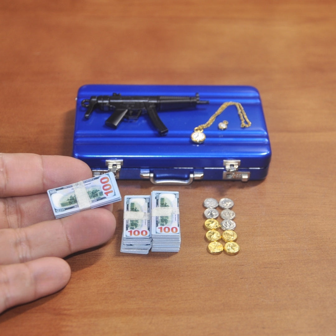 1:6 Scale Miniature Secret Agent Briefcase Set - Blue Tactical Suitcase with Weapons & Cash