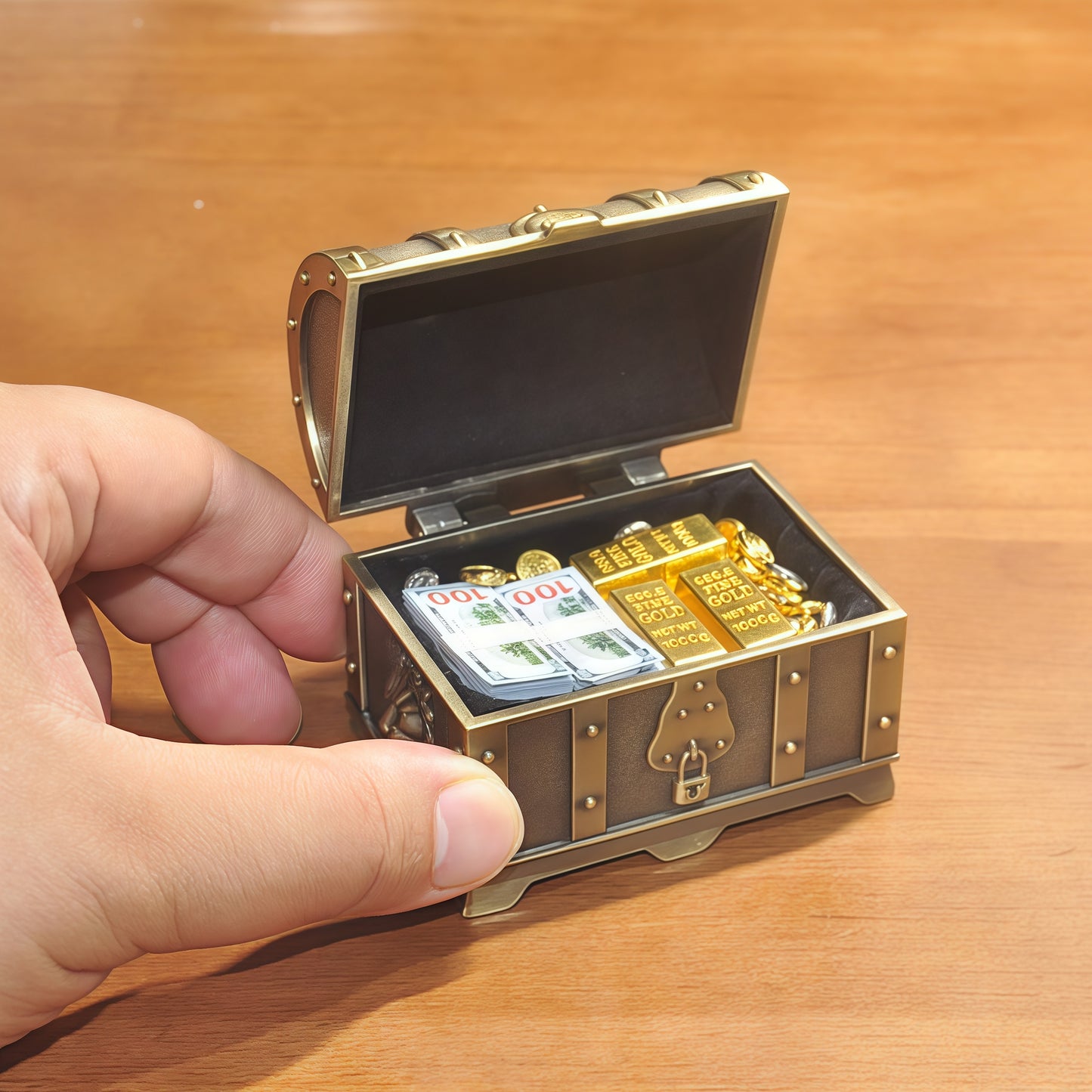1:6 Scale Antique Bronze Treasure Chest Set - Vintage Miniature Loot with Gold & Cash