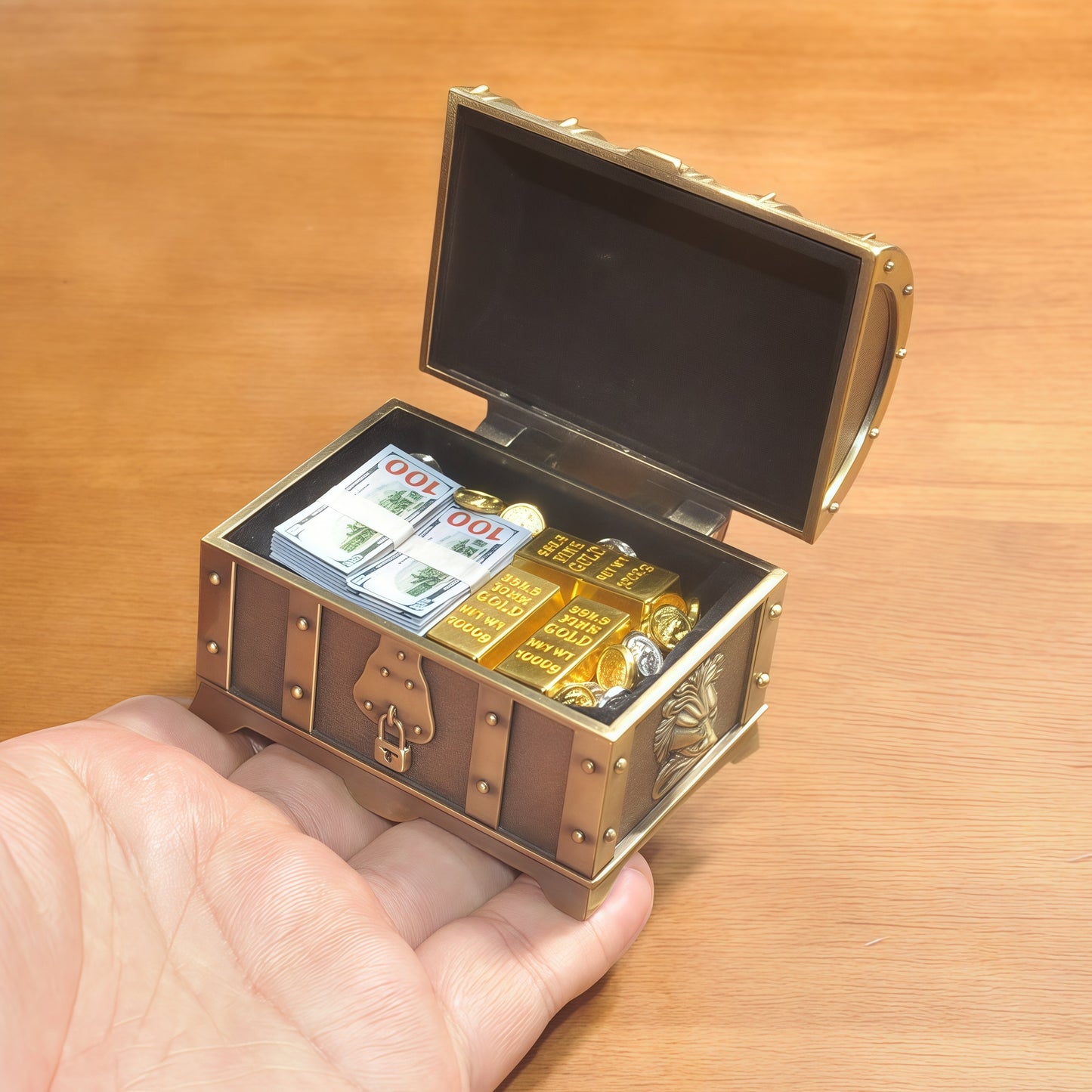 1:6 Scale Antique Bronze Treasure Chest Set - Vintage Miniature Loot with Gold & Cash