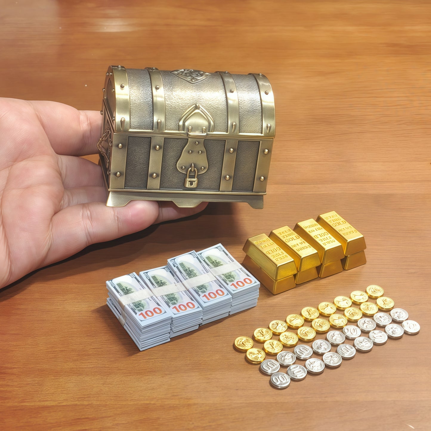 1:6 Scale Antique Bronze Treasure Chest Set - Vintage Miniature Loot with Gold & Cash
