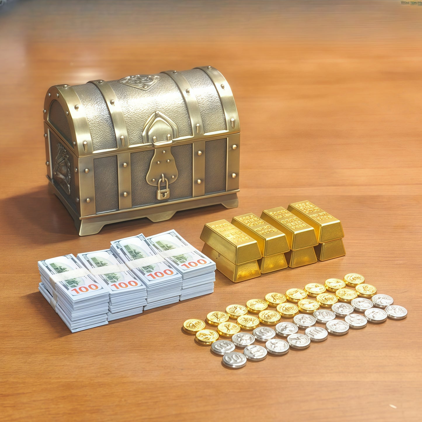 1:6 Scale Antique Bronze Treasure Chest Set - Vintage Miniature Loot with Gold & Cash