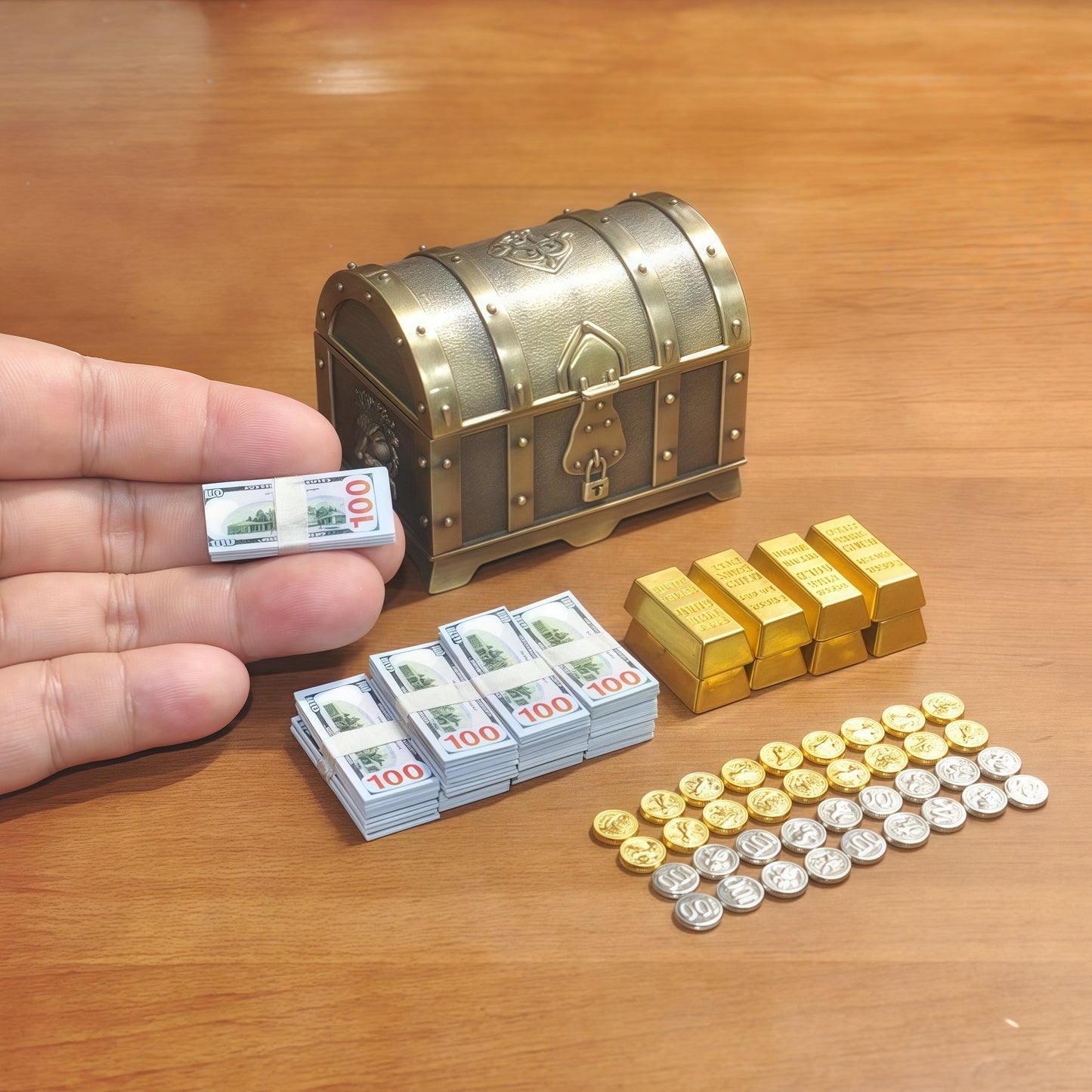 1:6 Scale Antique Bronze Treasure Chest Set - Vintage Miniature Loot with Gold & Cash