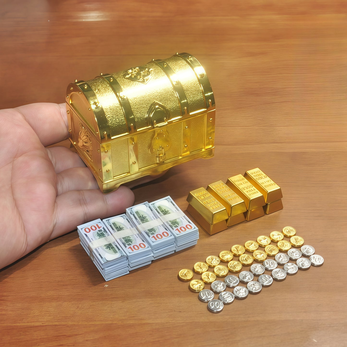 1:6 Scale Miniature Golden Treasure Chest Set - Includes Gold Bars, Coins & $100 Bills