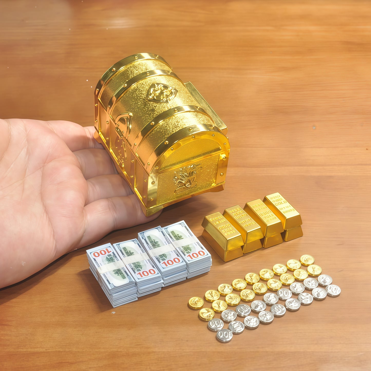 1:6 Scale Miniature Golden Treasure Chest Set - Includes Gold Bars, Coins & $100 Bills