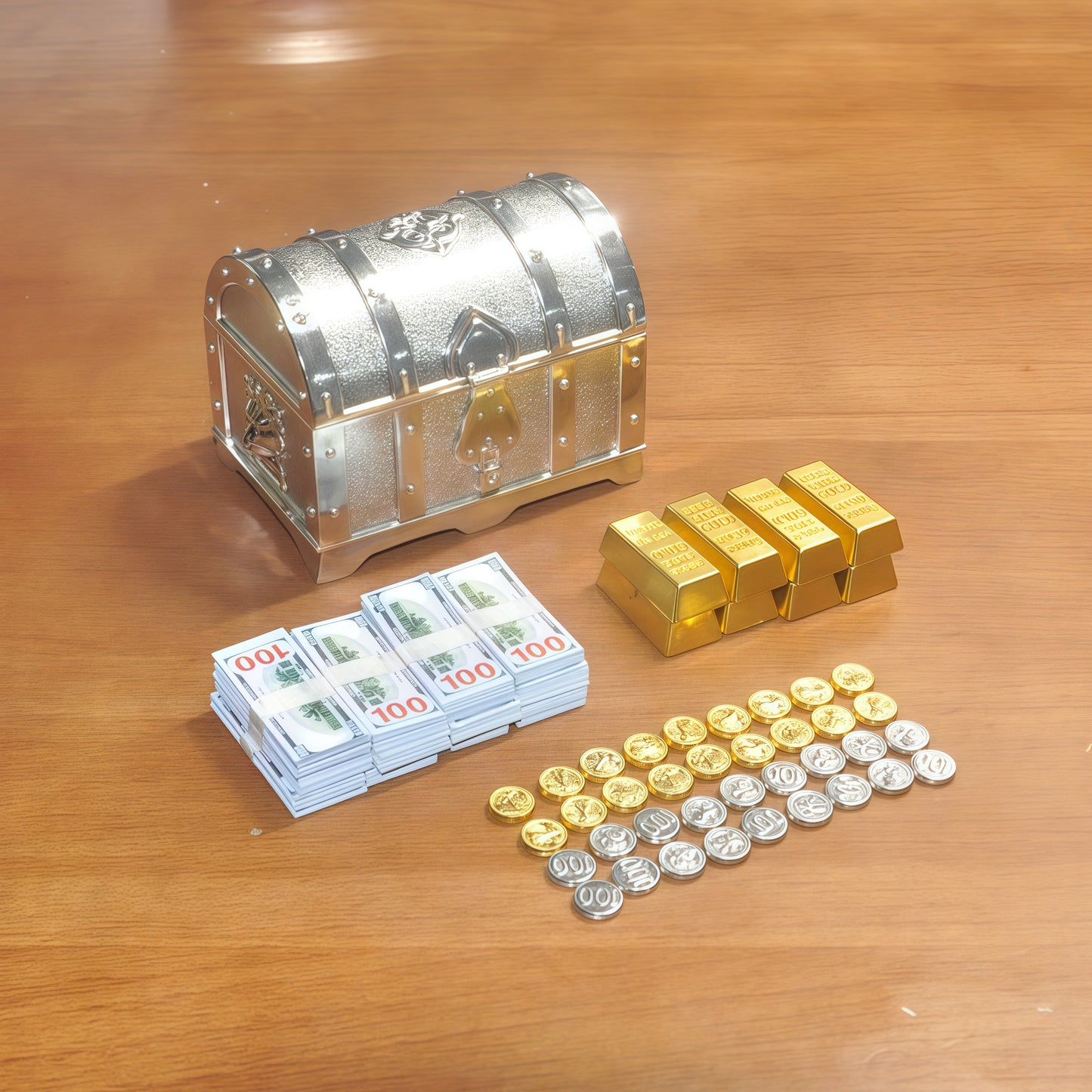 1:6 Scale Miniature Silver Treasure Chest Elite Set - Includes Bullion, Coins & Cash