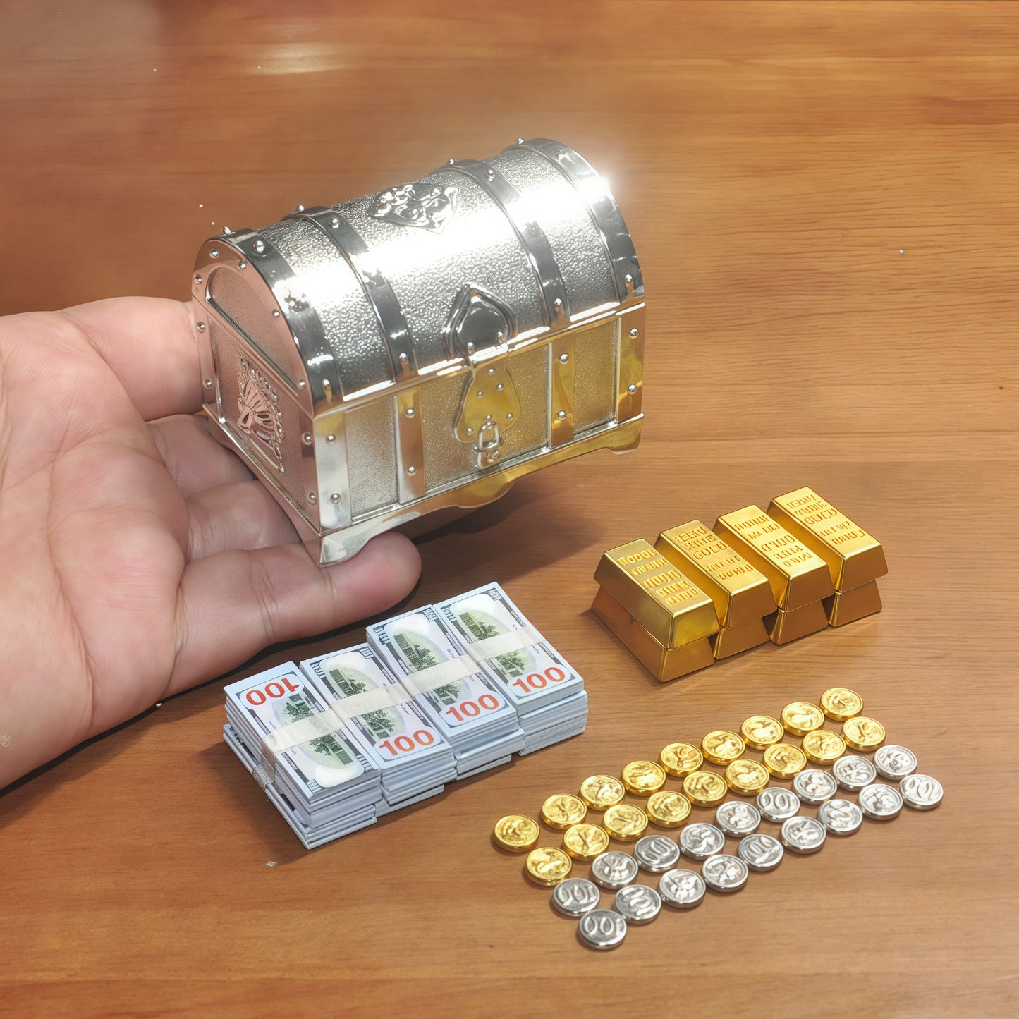 1:6 Scale Miniature Silver Treasure Chest Elite Set - Includes Bullion, Coins & Cash