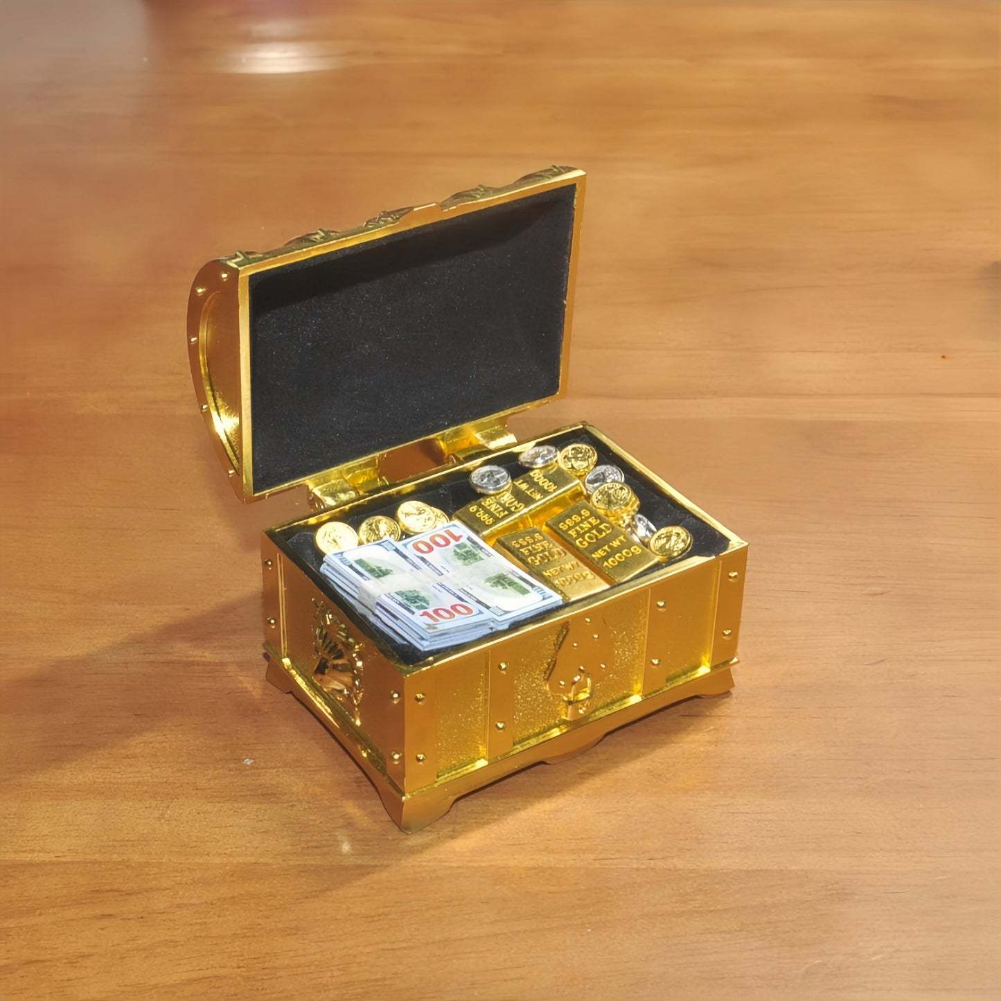 1:6 Scale Miniature Golden Treasure Chest Set - Includes Gold Bars, Coins & $100 Bills
