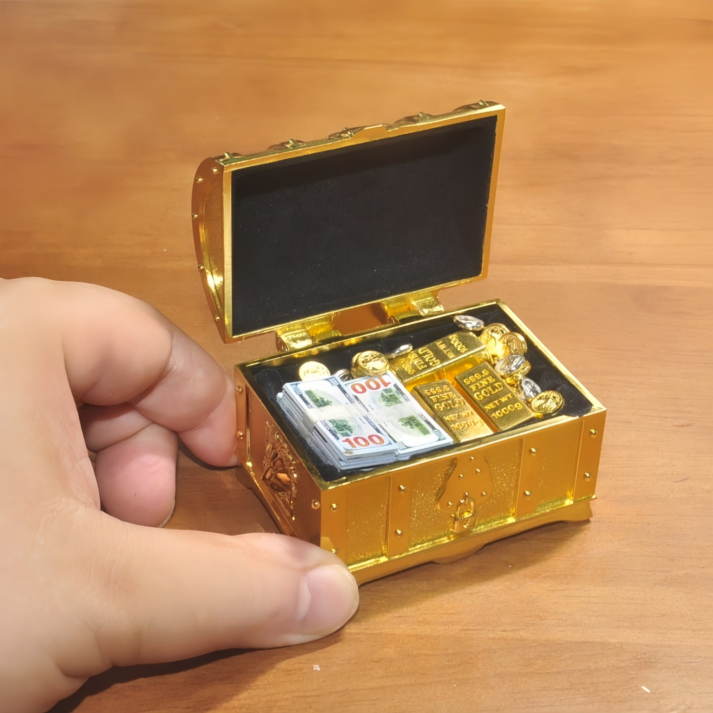 1:6 Scale Miniature Golden Treasure Chest Set - Includes Gold Bars, Coins & $100 Bills