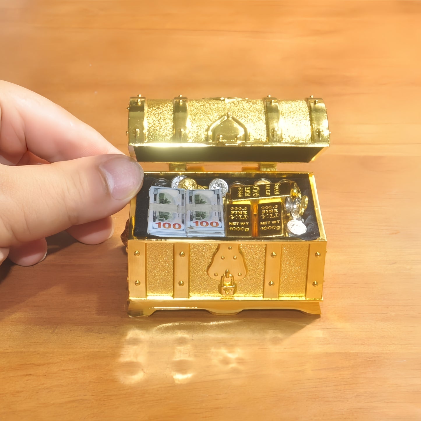 1:6 Scale Miniature Golden Treasure Chest Set - Includes Gold Bars, Coins & $100 Bills