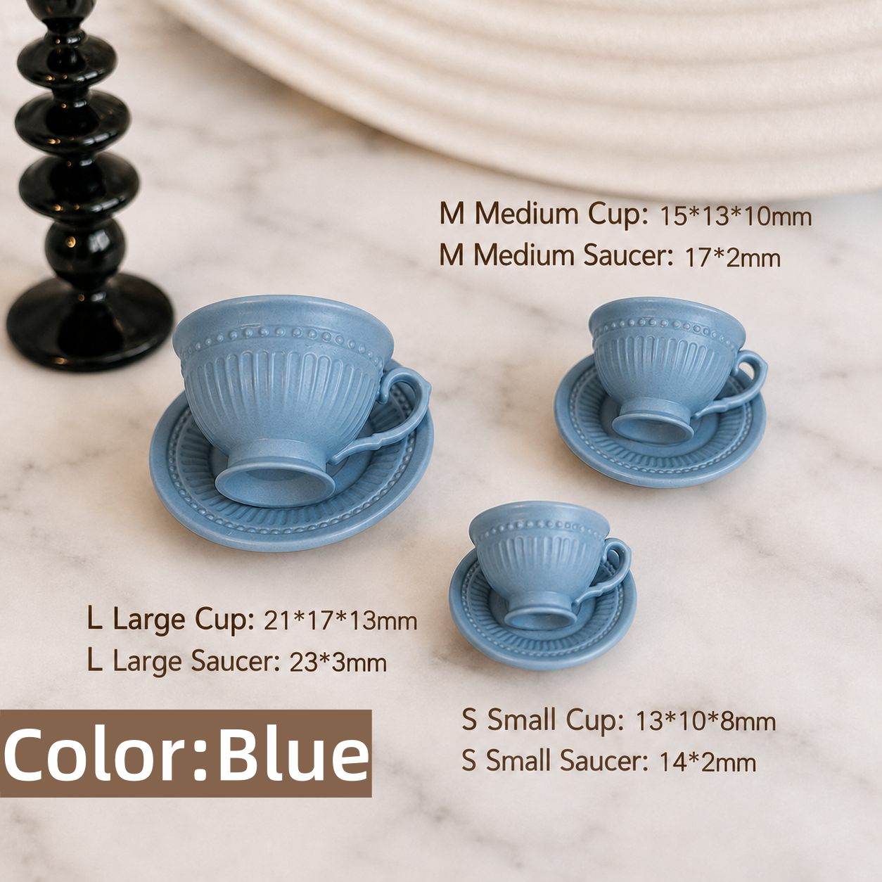 FDMINI Mini Teacup & Saucer Sets – 5 Colors × 3 Sizes Fluted French Miniature Coffee Cups for 1:6 Dollhouse, BJD & Blythe Scenes