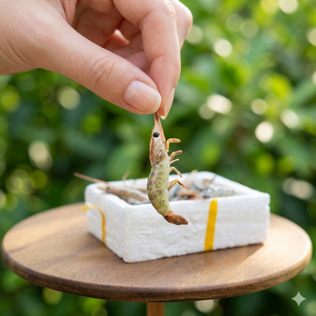 Miniature Raw Shrimp - Hand-Sculpted 1:6 Scale Fresh Whole Prawns with Heads, Translucent Gray-Green Body & Long Antennae, Realistic Seafood Dollhouse Food for Blythe & Barbie Kitchen Dioramas, Resin Jewelry & Polymer Clay Food