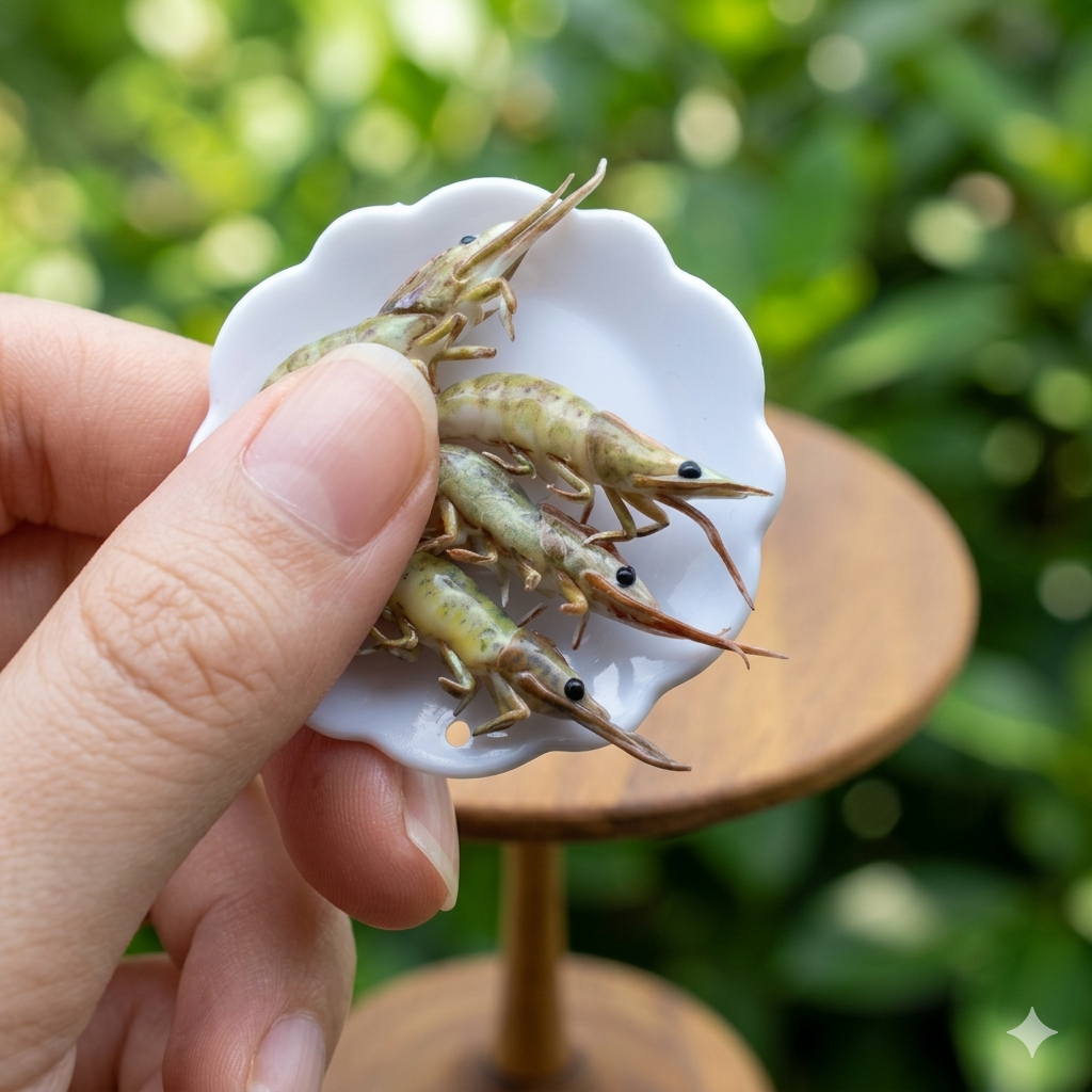 Miniature Raw Shrimp - Hand-Sculpted 1:6 Scale Fresh Whole Prawns with Heads, Translucent Gray-Green Body & Long Antennae, Realistic Seafood Dollhouse Food for Blythe & Barbie Kitchen Dioramas, Resin Jewelry & Polymer Clay Food
