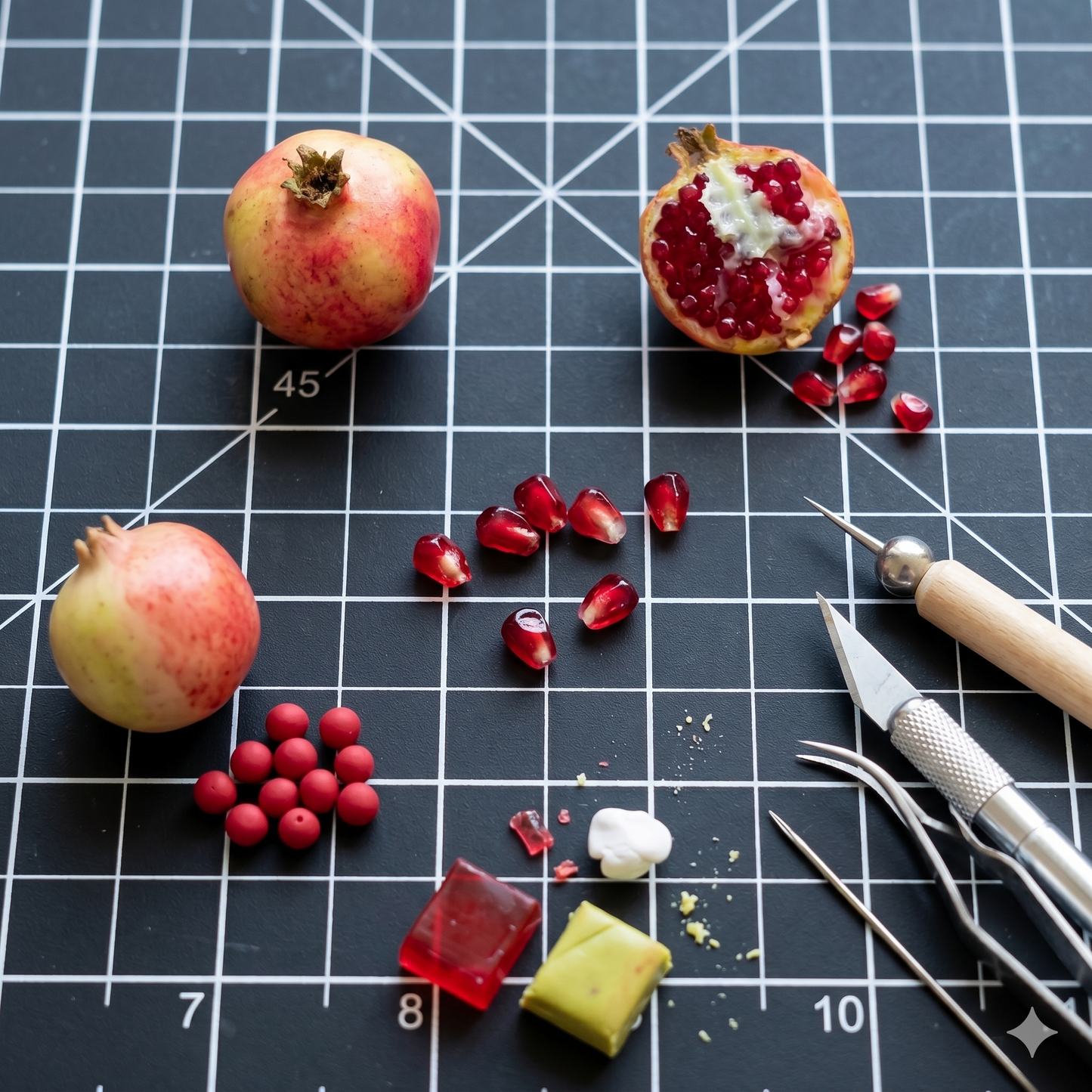 2PCS Miniature Pomegranate Set – Hand-Sculpted 1:12 Scale Dollhouse Pomegranate with Open Cross-Section and Loose Ruby Seeds, Realistic Tiny Fruit for Dioramas, Resin Jewelry & Polymer Clay Food Miniatures