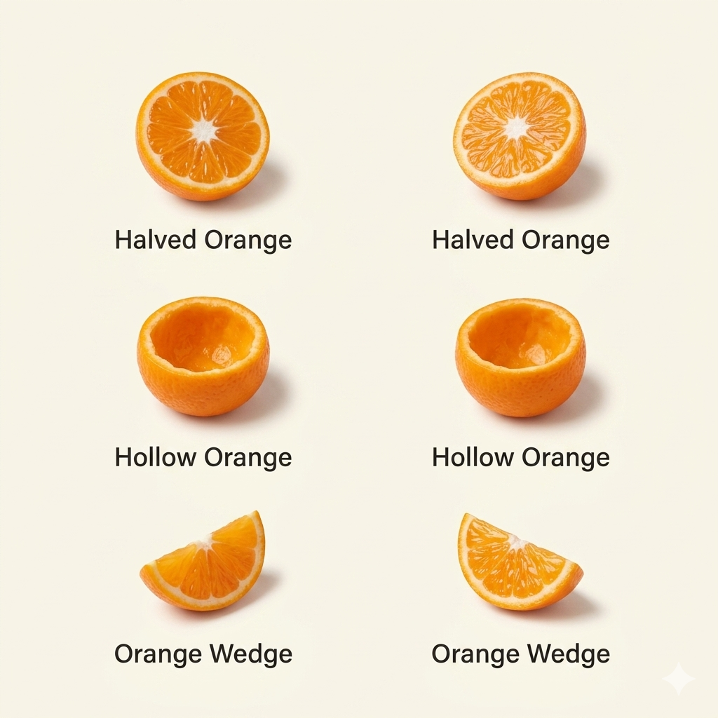 6Pcs Miniature Orange Set – Hand-Sculpted 1:6 Scale Dollhouse Oranges, Halved, Hollow Juiced Shell and Wedge, Realistic Tiny Citrus for Blythe & Barbie Dioramas, Resin Jewelry & Polymer Clay Food Miniatures