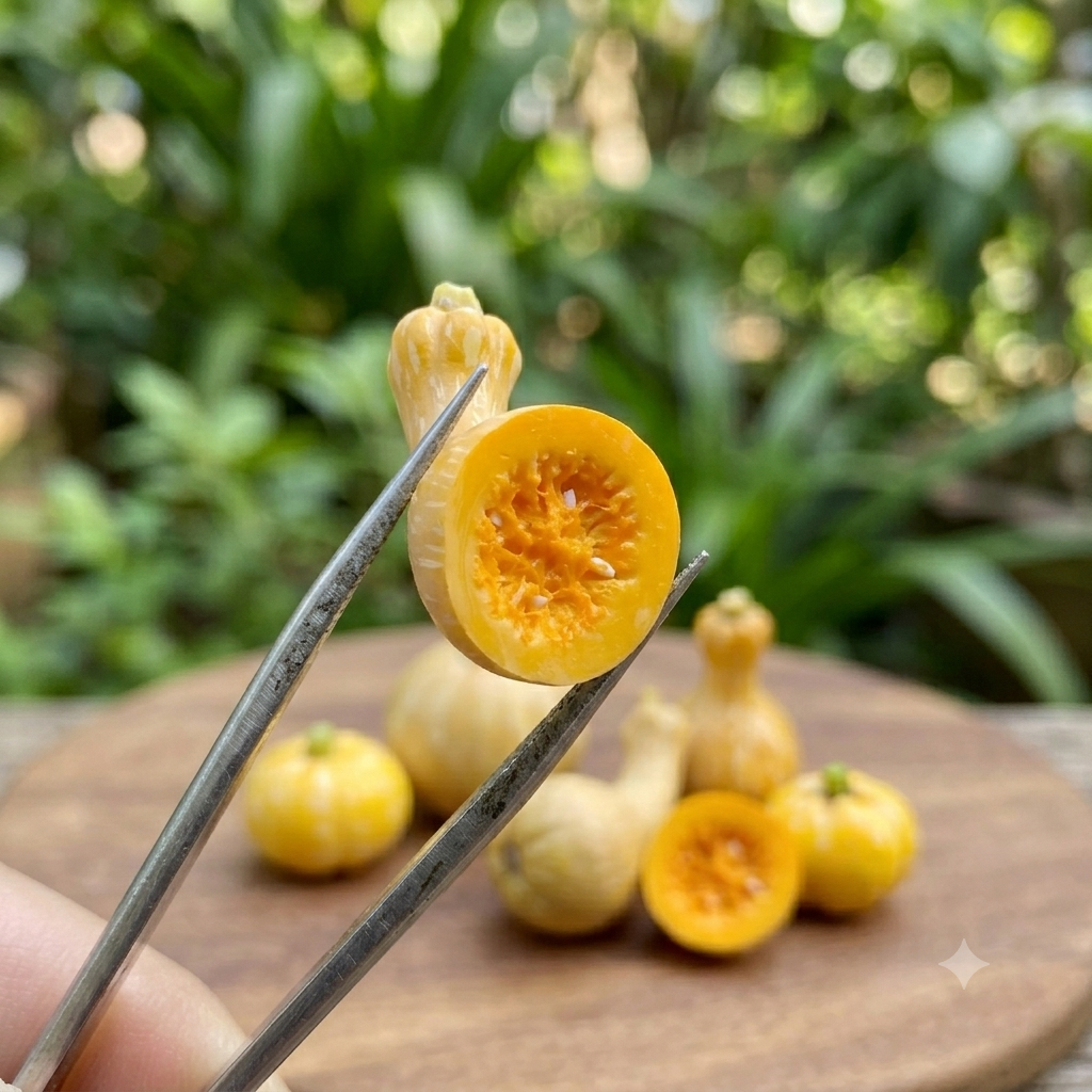 Miniature Pumpkins - Hand-Sculpted 1:6 Scale Set of 3 Pumpkin Styles: Butternut Squash, Cut Half with Seeds & Round Speckled Pumpkin, Realistic Autumn Dollhouse Food for Blythe & Barbie Dioramas, Resin Jewelry & Polymer Clay Food