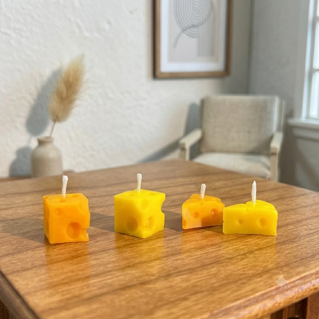FDMINI Mini Cheese Candles – Set of 4 Handmade Miniature Swiss Cheese Candles for 1/6 1/8 1/12 Scale Dollhouse, BJD & Blythe Doll Scenes