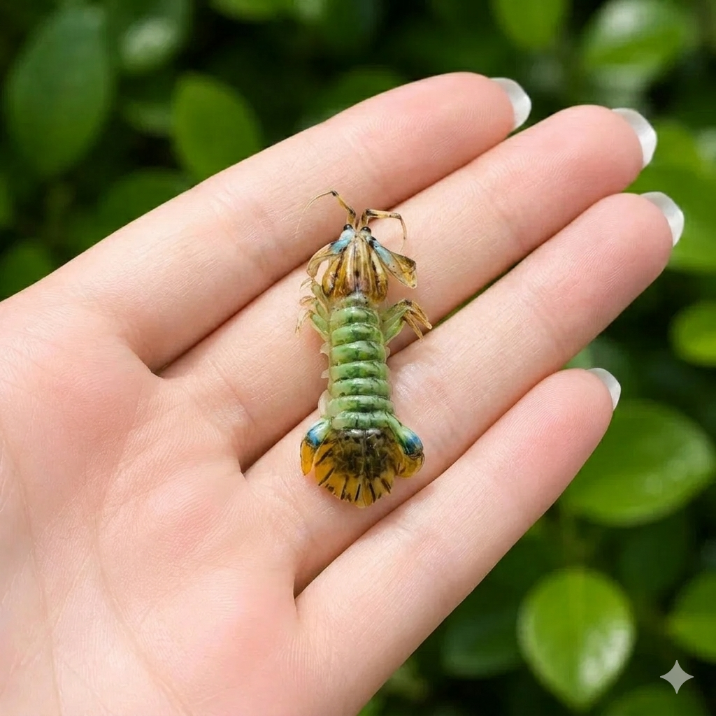 Miniature Mantis Shrimp - Hand-Sculpted 1:6 Scale Fresh Mantis Prawn with Segmented Shell, Blue-Edged Tail Fan & Antennae, Realistic Seafood Dollhouse Food for Blythe & Barbie Kitchen Dioramas, Resin Jewelry & Polymer Clay Food