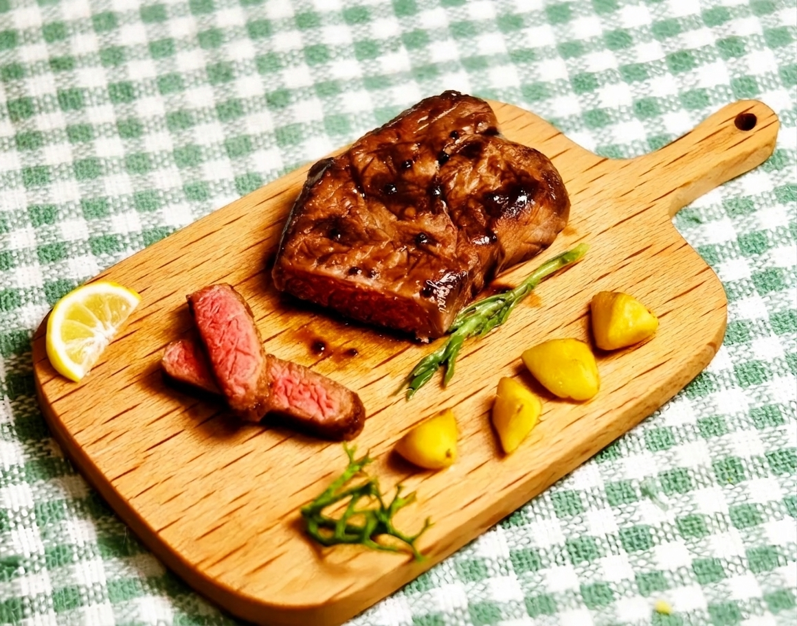 Miniature Steak Board – Hand-Sculpted 1:6 Scale Dollhouse Grilled Beef Steak Sliced Medium-Rare on a Wooden Paddle with Roasted Potatoes, Asparagus & Lemon, Realistic Plated Meat Dish for Blythe & Barbie Dioramas, Polymer Clay Food