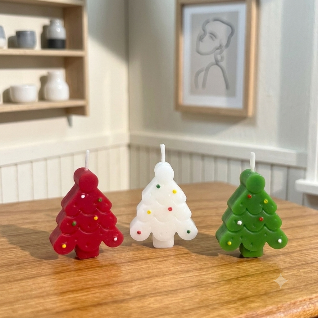 FDMINI Mini Christmas Tree Candles – Set of 3 Handmade Miniature Holiday Candles for 1/6 1/8 1/12 Scale Dollhouse, BJD & Blythe Doll Scenes