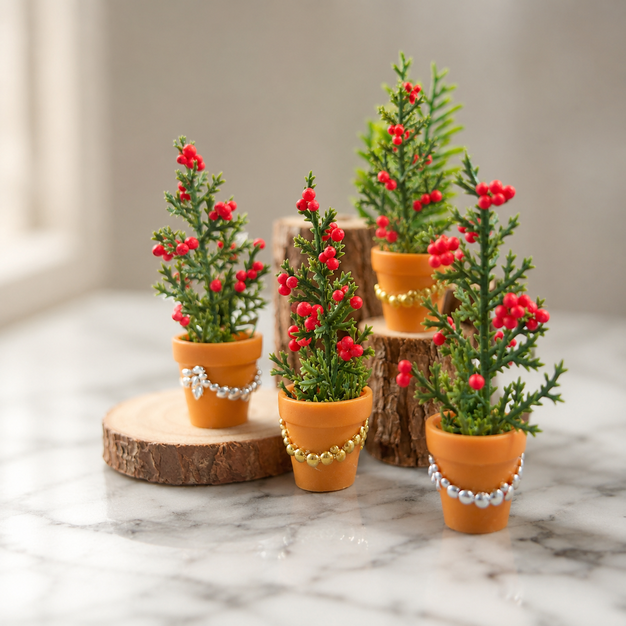 FDMINI Mini Christmas Tree in Terracotta Pot – 2 Styles Gold & Silver Beaded Miniature Potted Holiday Plant for 1:12 Dollhouse & Roombox