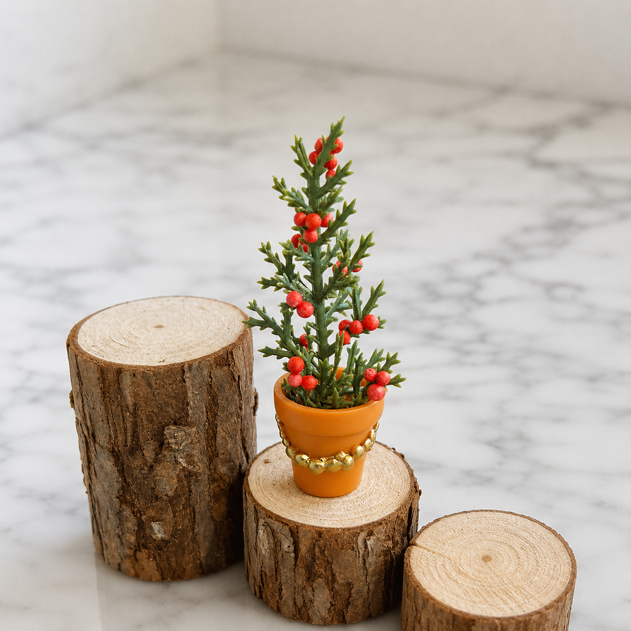 FDMINI Mini Christmas Tree in Terracotta Pot – 2 Styles Gold & Silver Beaded Miniature Potted Holiday Plant for 1:12 Dollhouse & Roombox