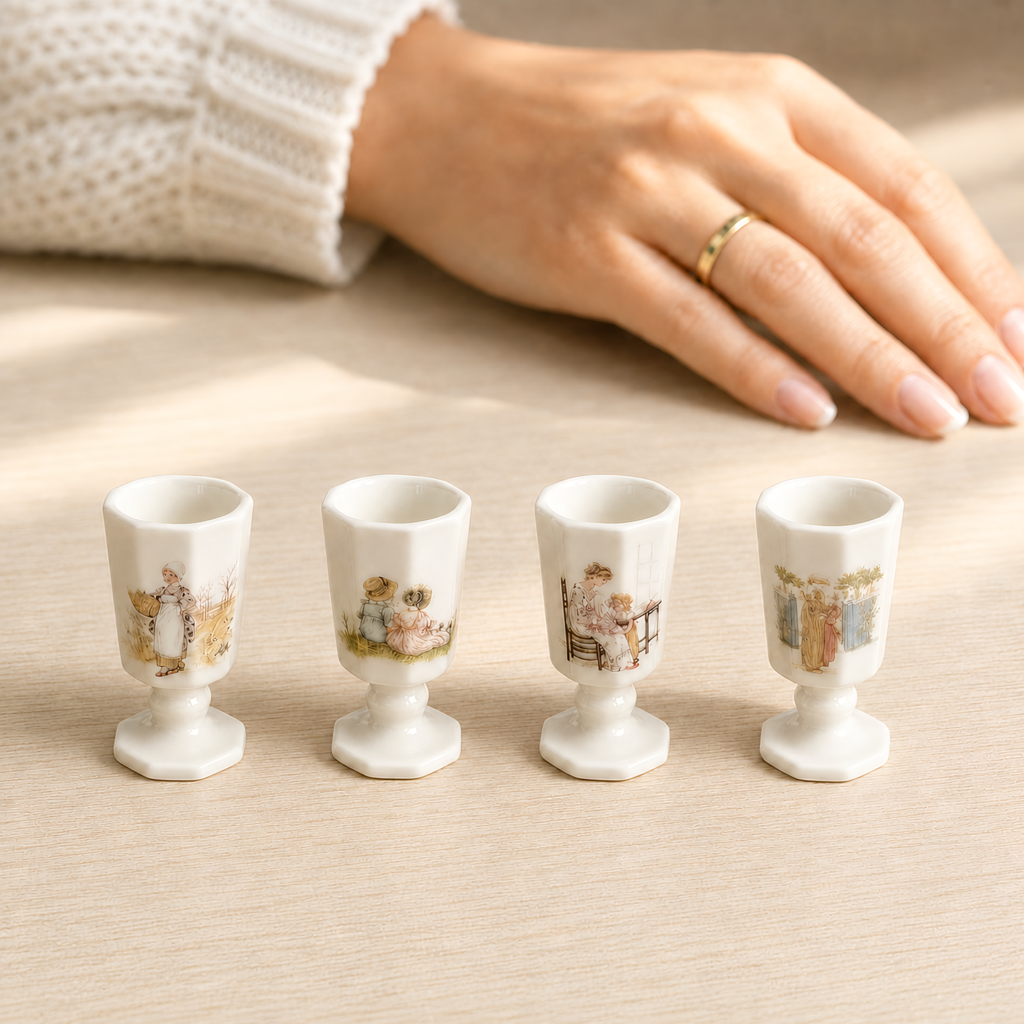 FDMINI Mini Ceramic Goblets – 4 Vintage Storybook Designs Miniature Pedestal Cups for 1:6 Scale Dollhouse, BJD & Blythe Scenes