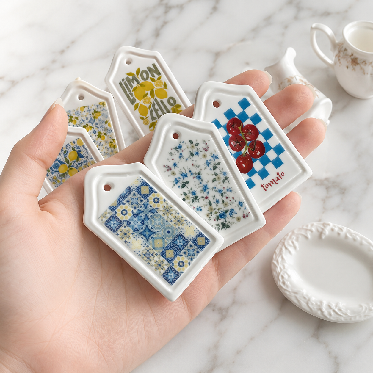 FDMINI Mini Ceramic Serving Boards – 6 Mediterranean Lemon & Tile Designs Miniature Kitchen Props for 1:6 Scale Dollhouse, BJD & Blythe Scenes